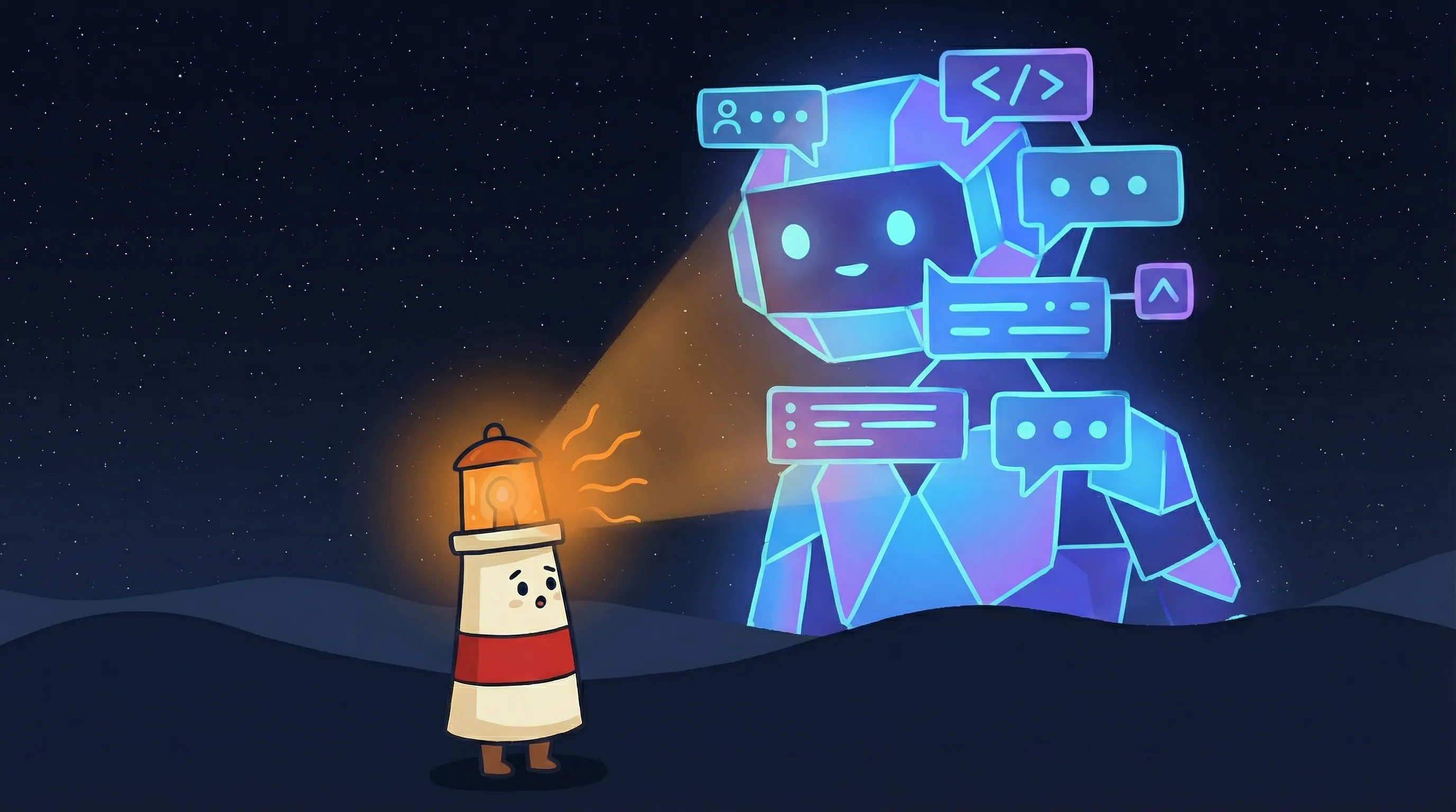 Beacon the lighthouse character shining light on chat bubbles for WhatsApp, Email, and Instagram on a dark navy background.