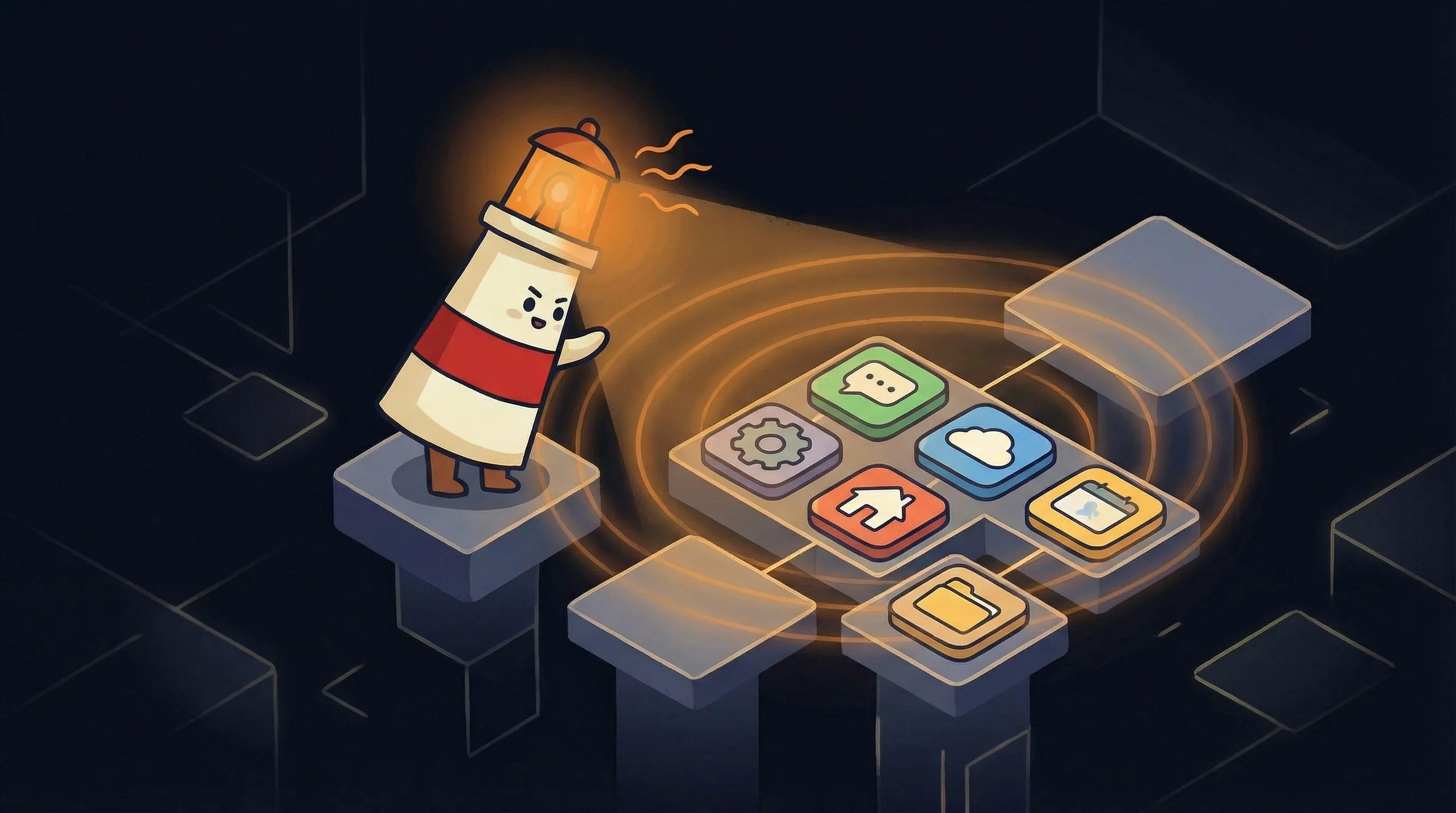 Beacon the lighthouse character shining light on a phone, email, and calendar arranged together on a dark navy background.