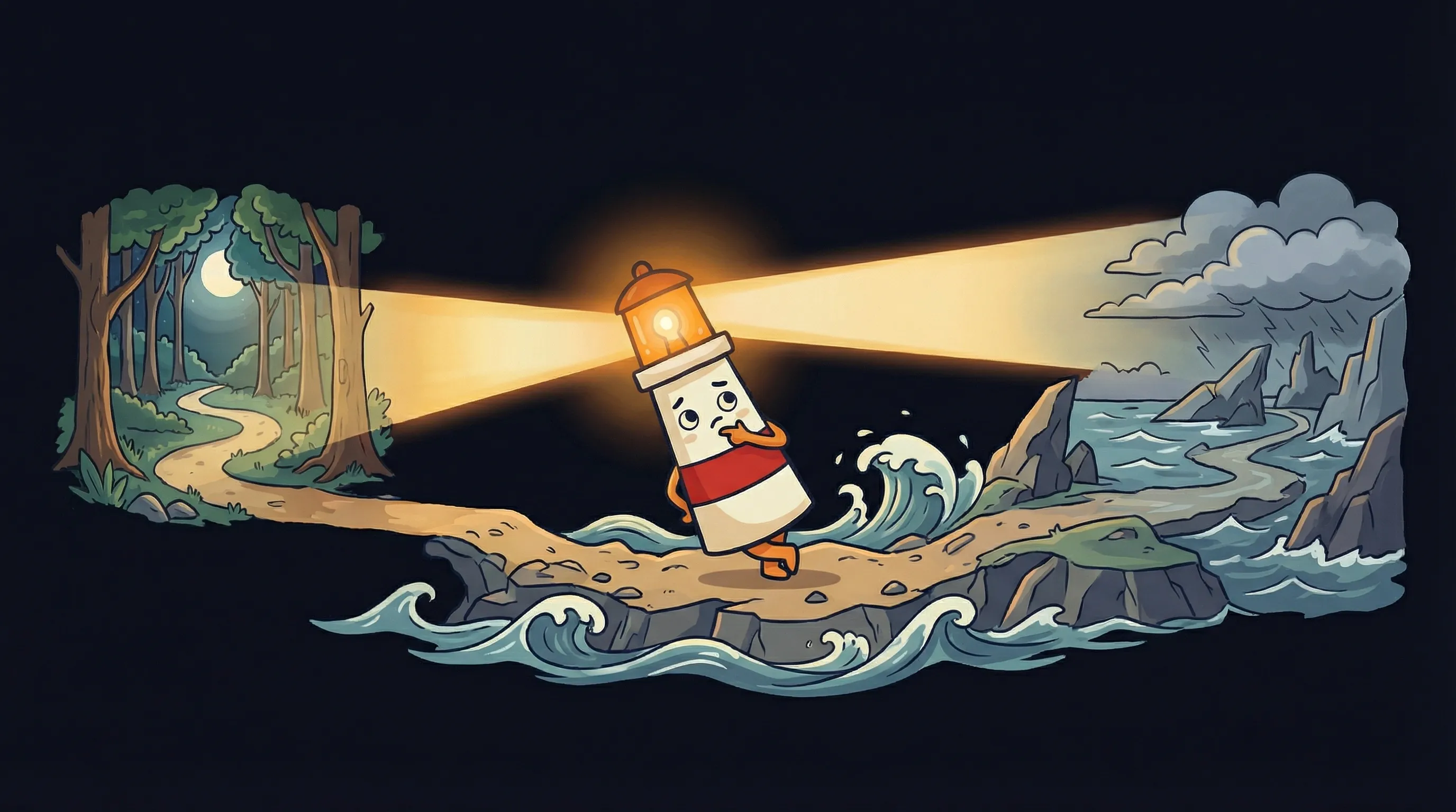 Beacon the lighthouse illuminating three web hosting server icons on a dark navy background in flat 2D style.