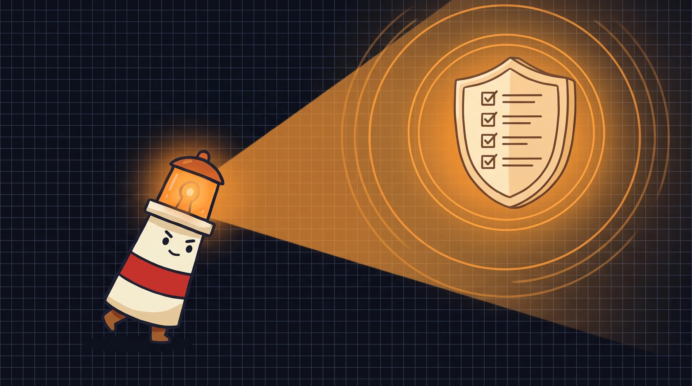 Beacon the lighthouse character shining light on a security checklist, representing OpenClaw security hardening.