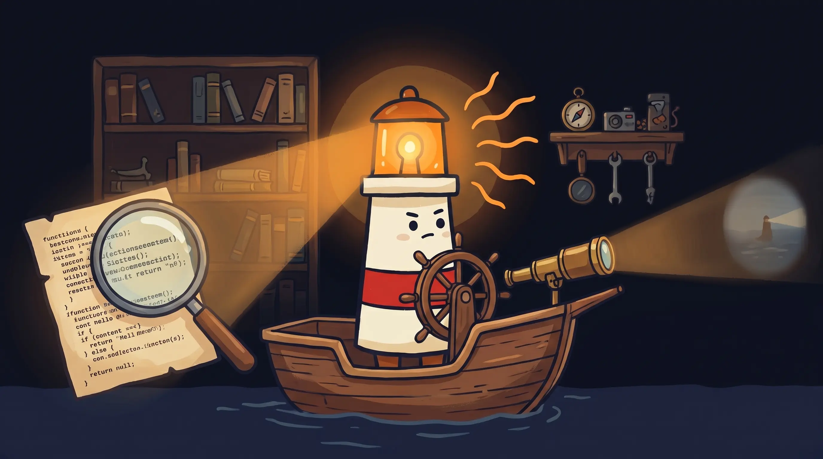 Beacon the lighthouse illuminating a suspicious file icon, helping users spot malware before installing software.