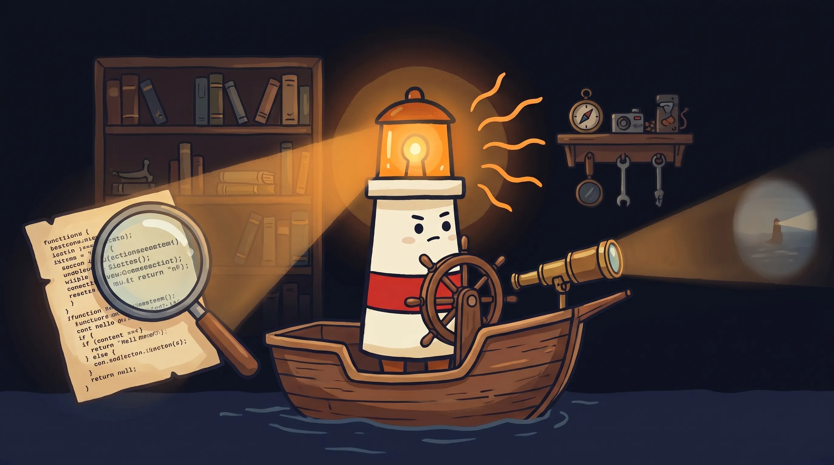 Beacon the lighthouse illuminating a suspicious file icon, helping users spot malware before installing software.