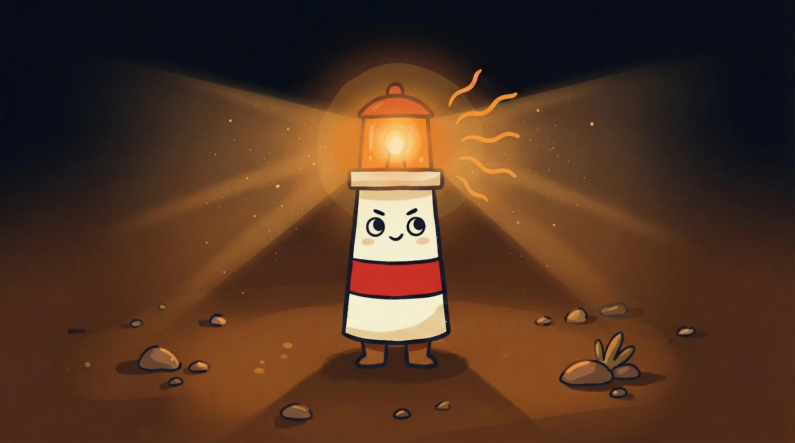 Beacon the lighthouse character shining a warm amber glow onto a smartphone displaying a chat app setup screen.