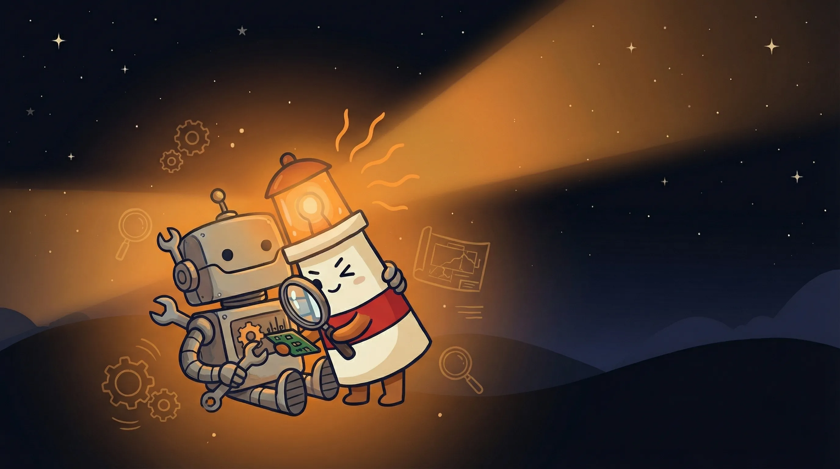 Beacon the lighthouse character shining light on a glowing AI circuit board, representing OpenRouter free models exploration.
