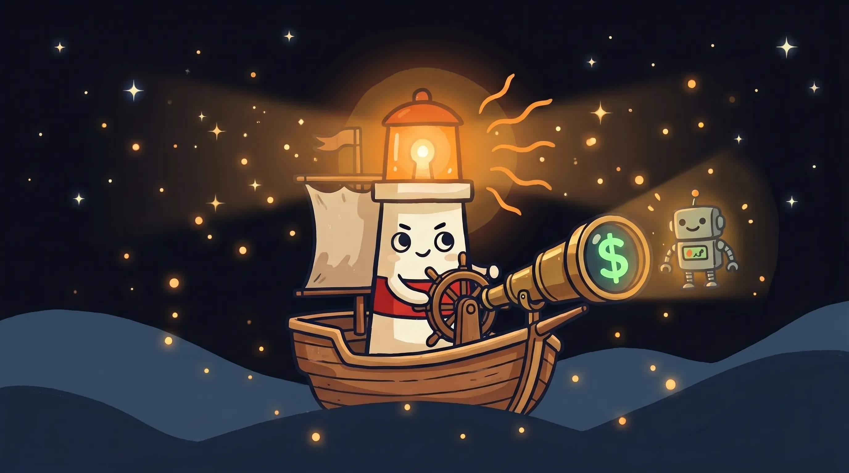 Beacon the lighthouse illuminating a small business storefront, cream body with red stripe, amber glow on dark navy backgr...