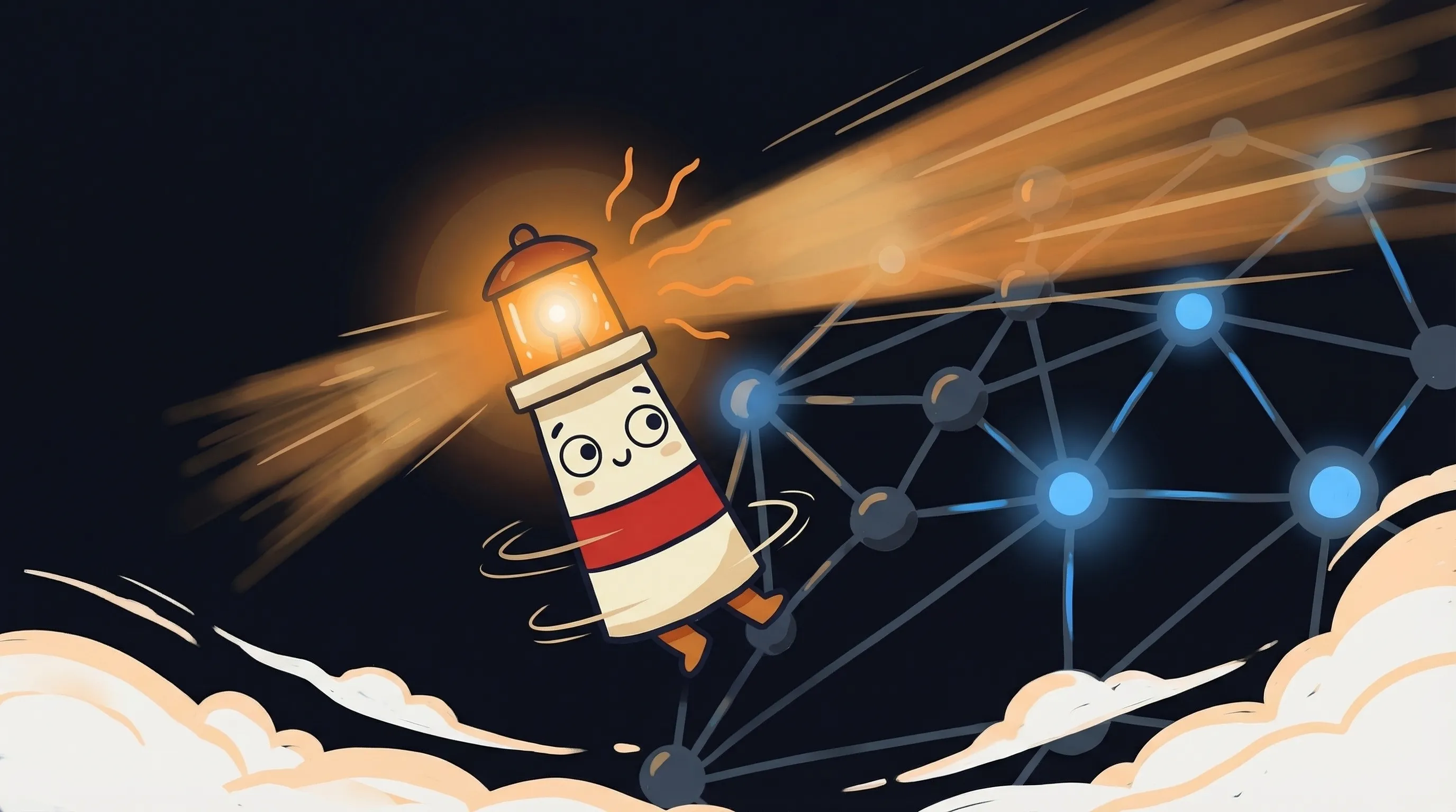 Beacon the lighthouse illuminating a network of connected AI agents, its amber glow highlighting MCP protocol links.