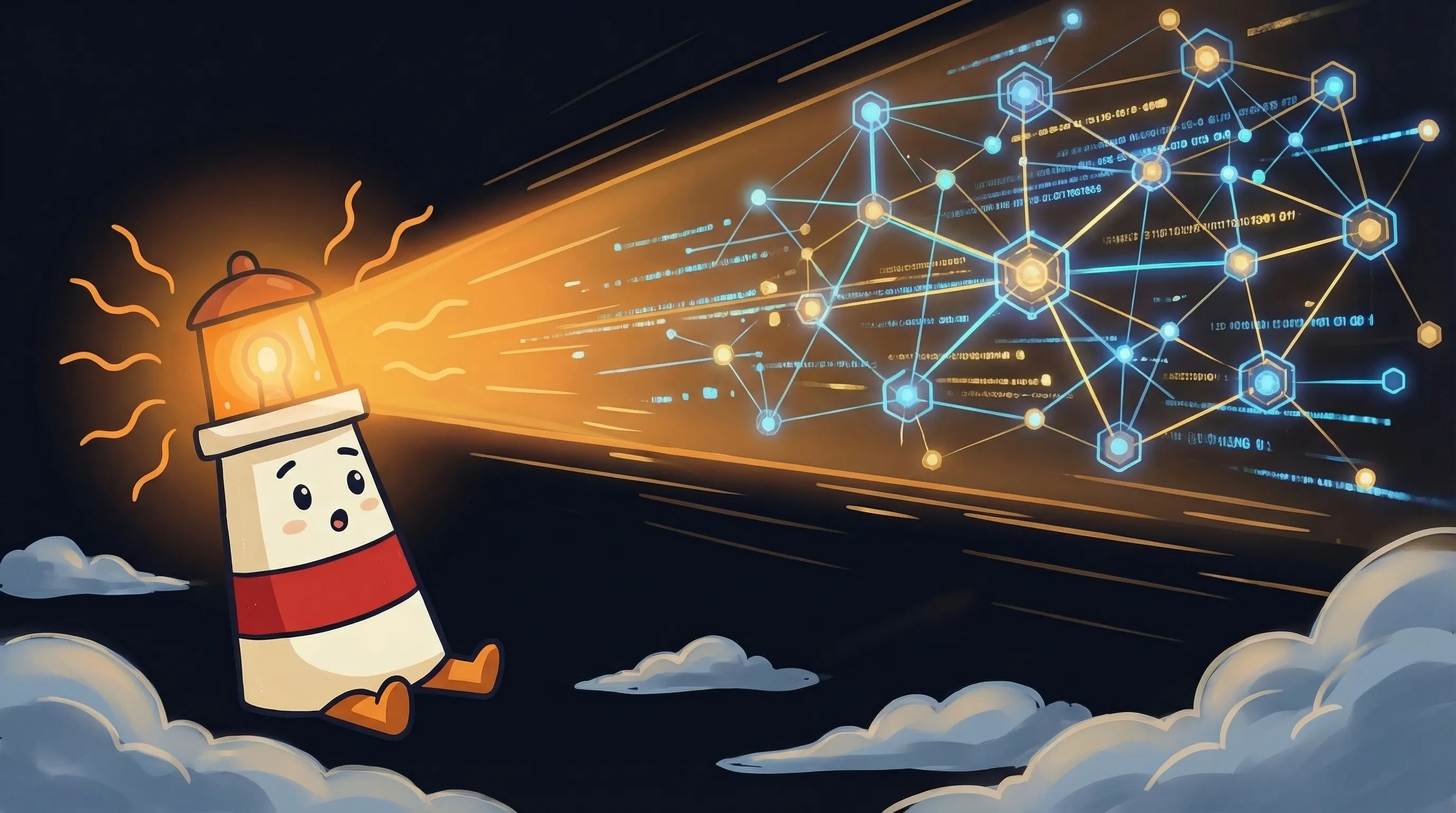 Beacon the lighthouse character shining light on a team of small AI agent figures on a dark navy background.