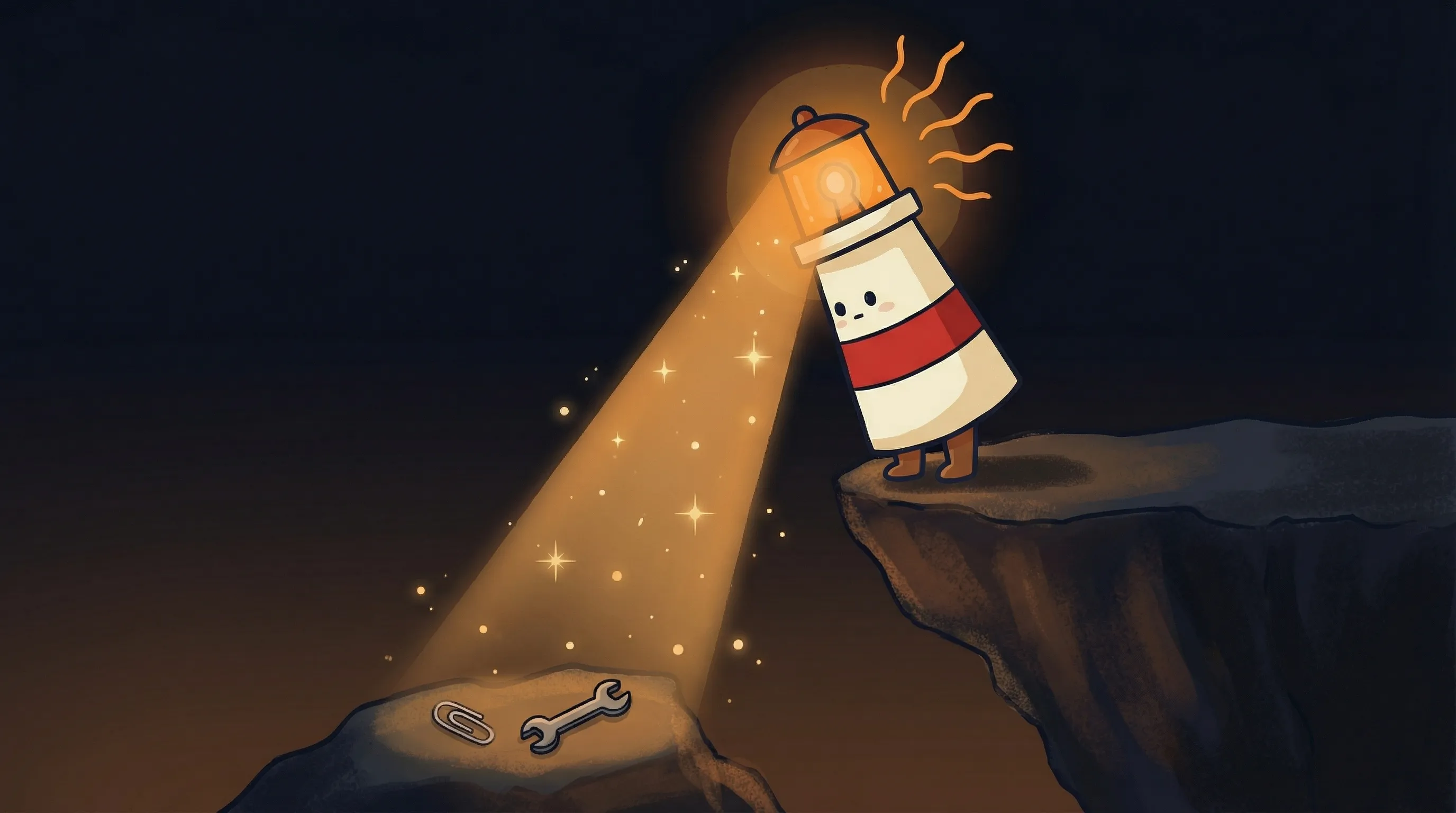 Beacon the lighthouse character shining light on a paperclip, illustrating troubleshooting common issues.