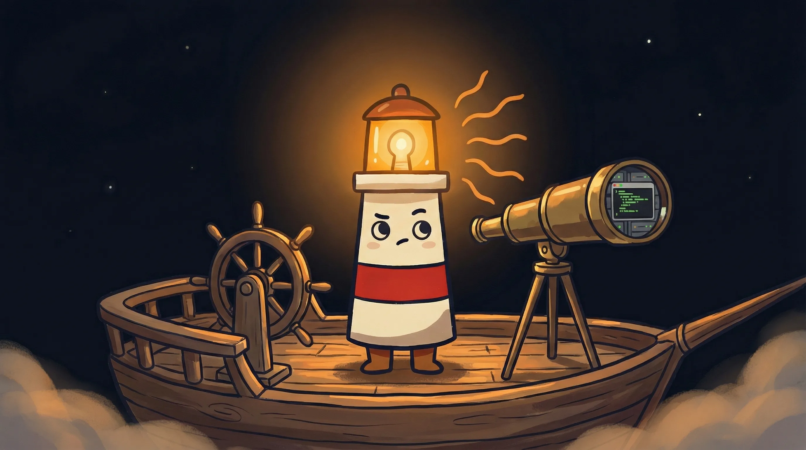 Beacon the lighthouse illuminating two paths: a simple easy button and a tangled complex setup on dark navy background.