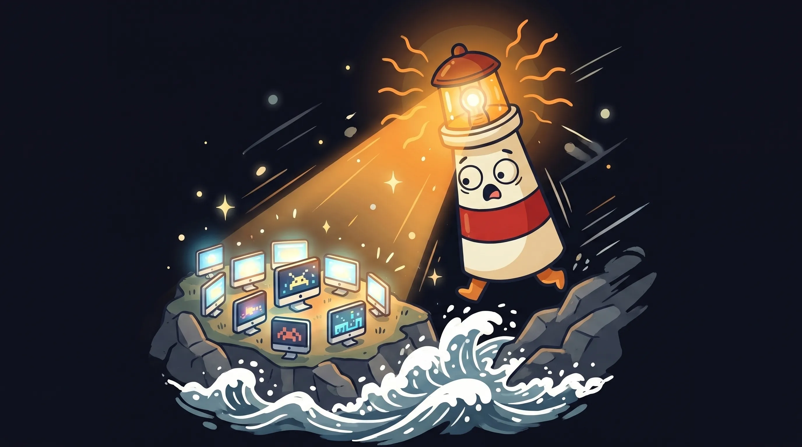 Beacon the lighthouse illuminating a glowing Mac computer, cream body with red stripe, amber light beaming onto the screen.