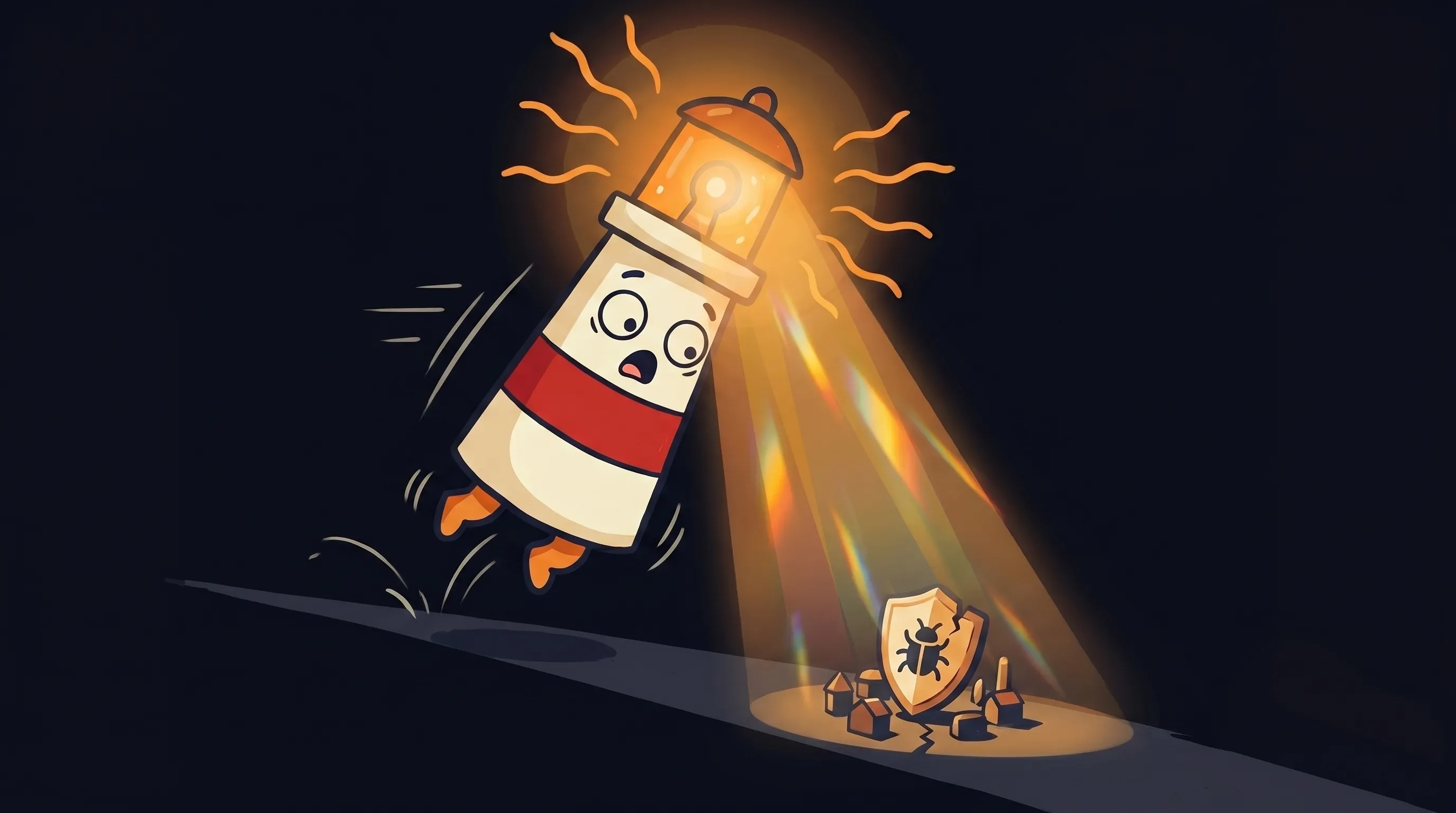 Beacon the lighthouse illuminating a shadowy AI agent tangled in chains and locks, symbolizing security risks.