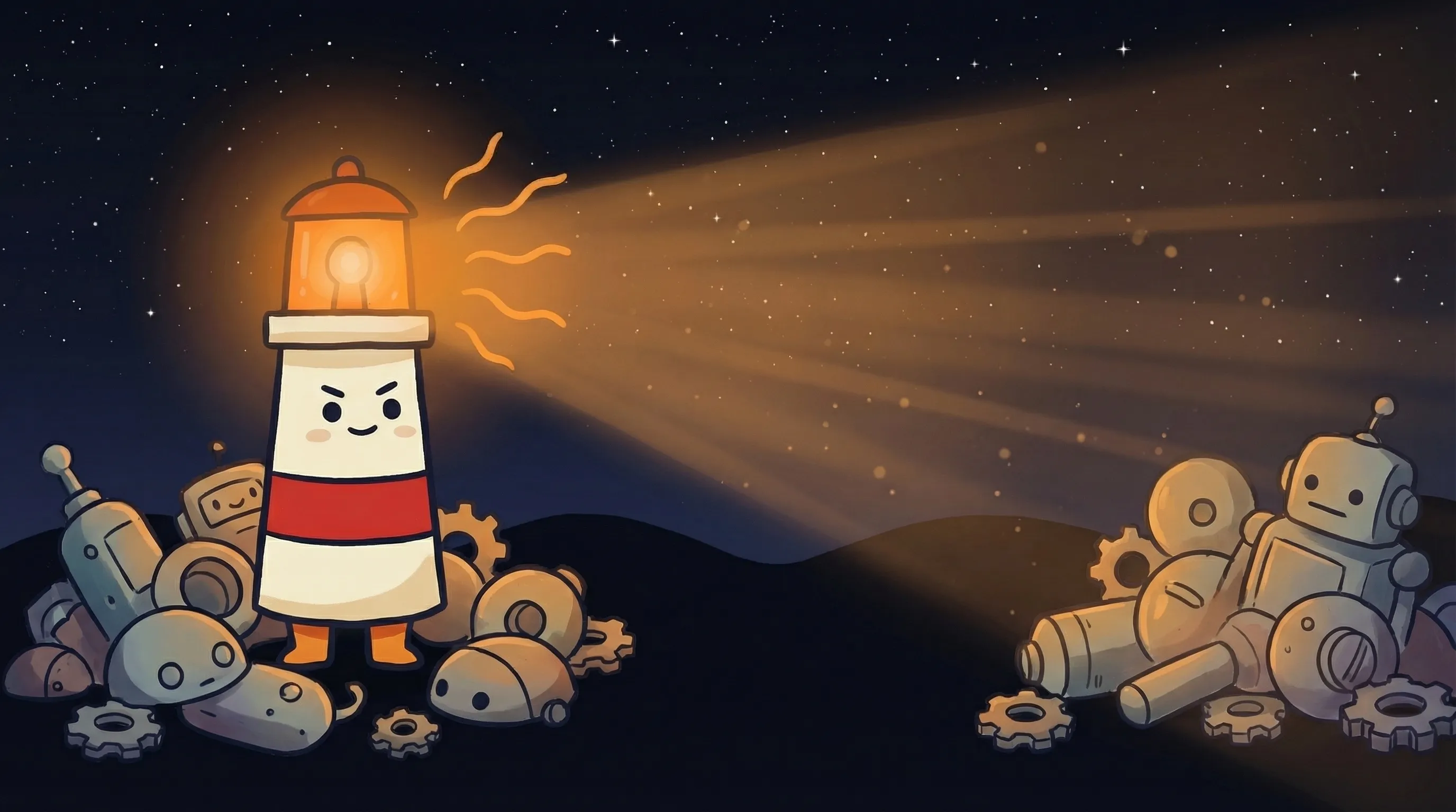 Beacon the lighthouse character shining a warm amber glow onto a robot and a person side by side on navy background.