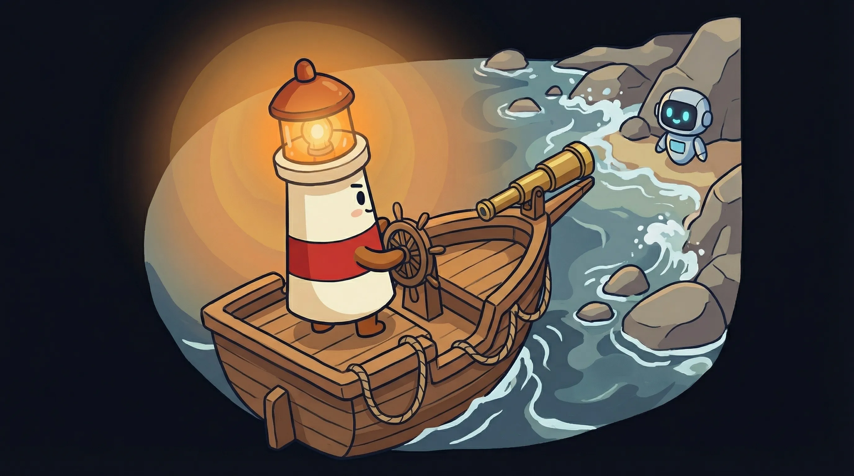 Beacon the lighthouse character shining a warm amber glow onto a personal assistant AI device on a dark navy background.