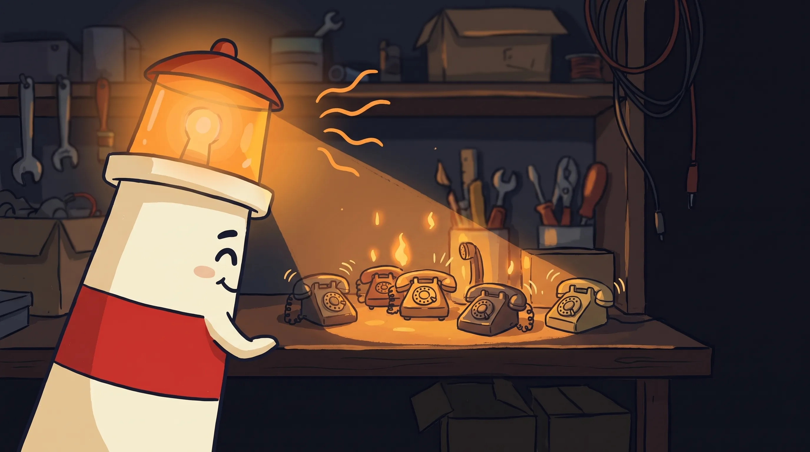 Cartoon lantern mascot shines warm light on six ringing rotary phones on a workshop bench surrounded by tools.