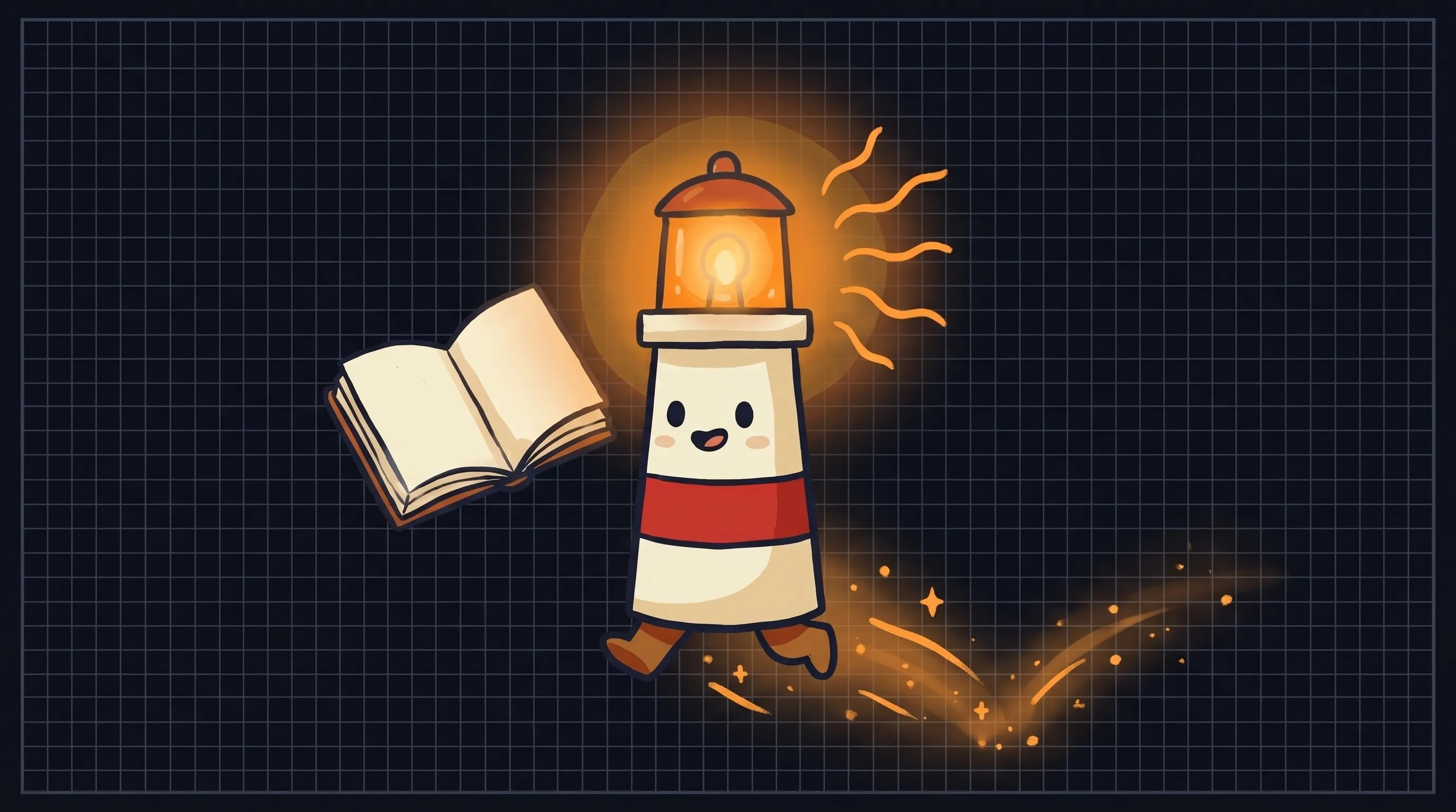 Beacon the lighthouse illuminating a government document labeled "AI Policy," casting warm amber light on overly optimisti...
