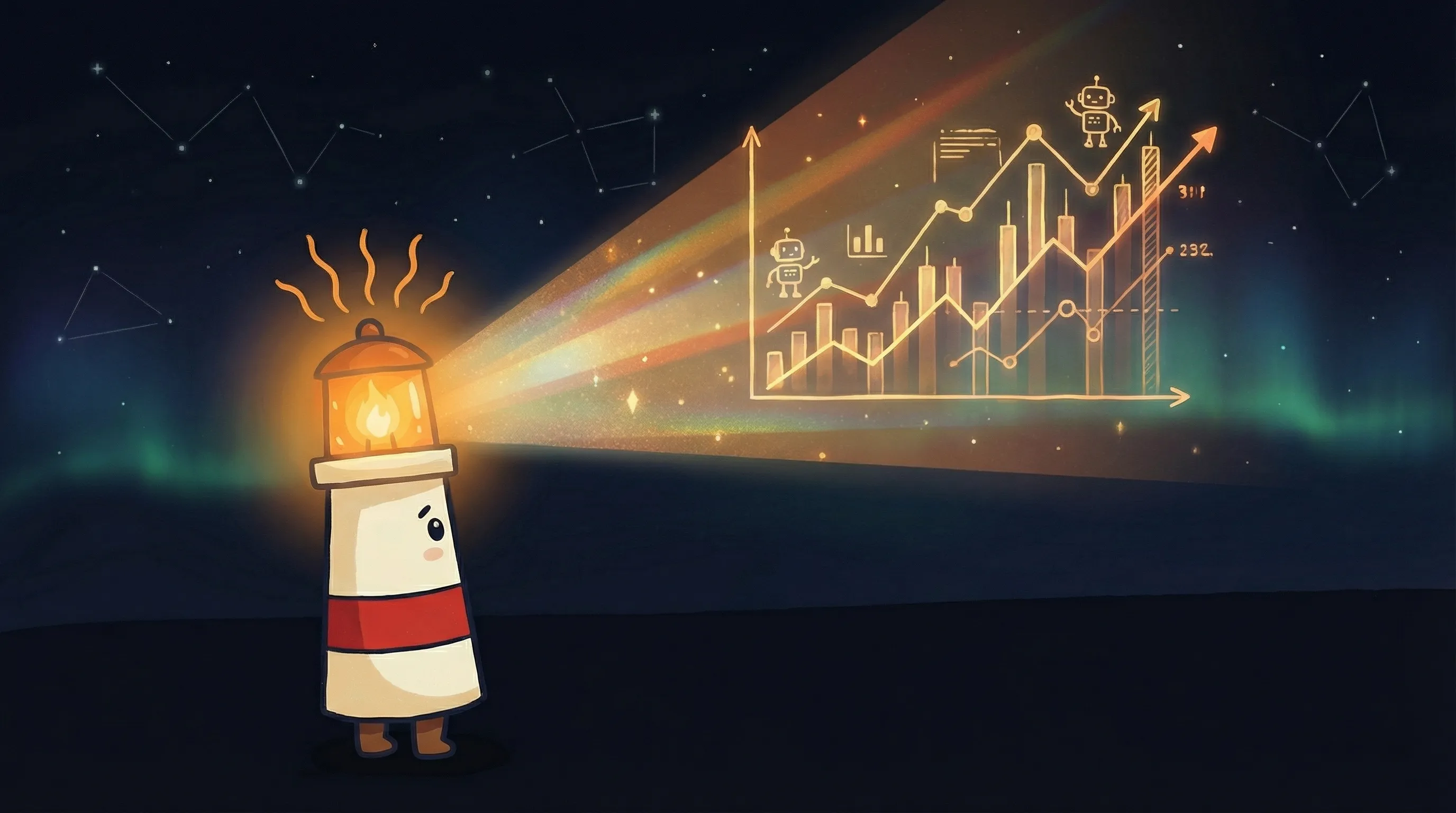 Beacon the lighthouse character shining amber light onto a prediction market chart on dark navy background.