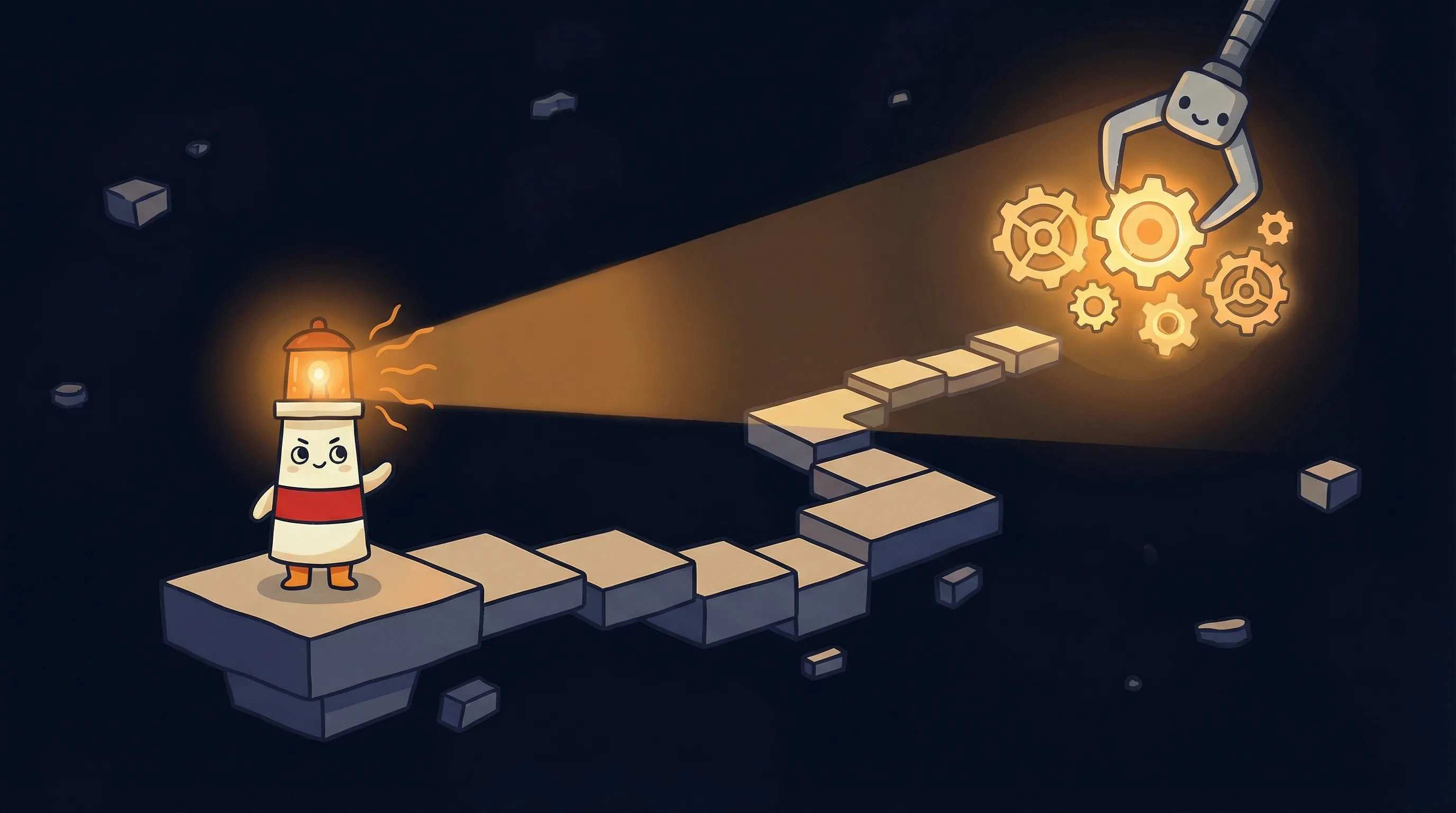 Beacon the lighthouse illuminates five glowing workflow icons, symbolizing everyday productivity use cases.