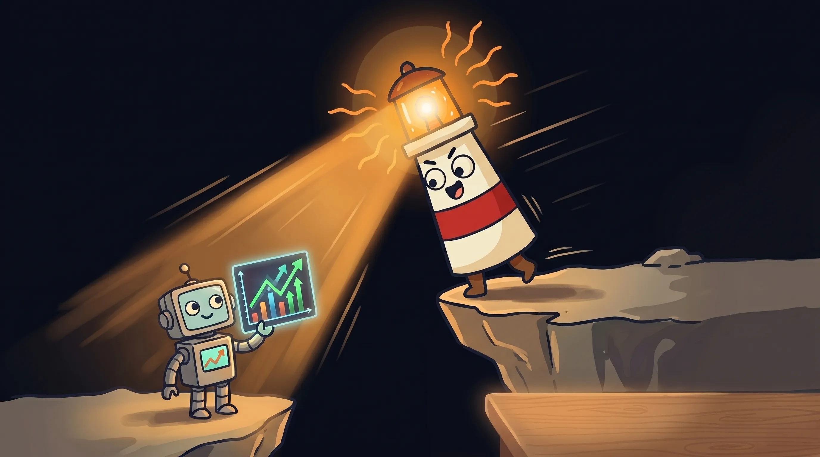 Beacon the lighthouse illuminating a glowing AI trading bot, cream body with red stripe and amber lantern on navy background.
