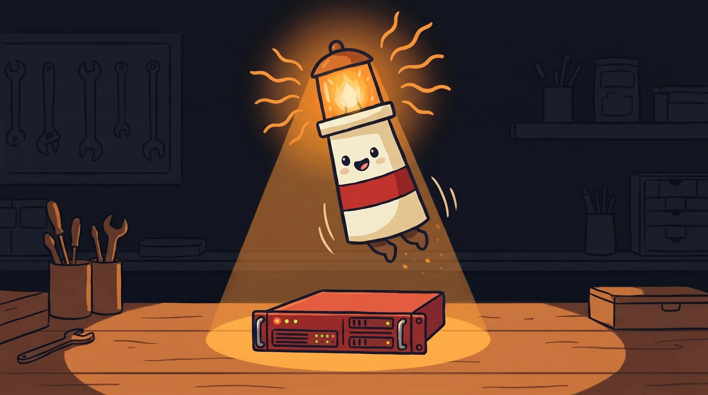 Beacon the lighthouse illuminating a Red Hat logo on a dark navy background, glowing amber light casting a warm beam.