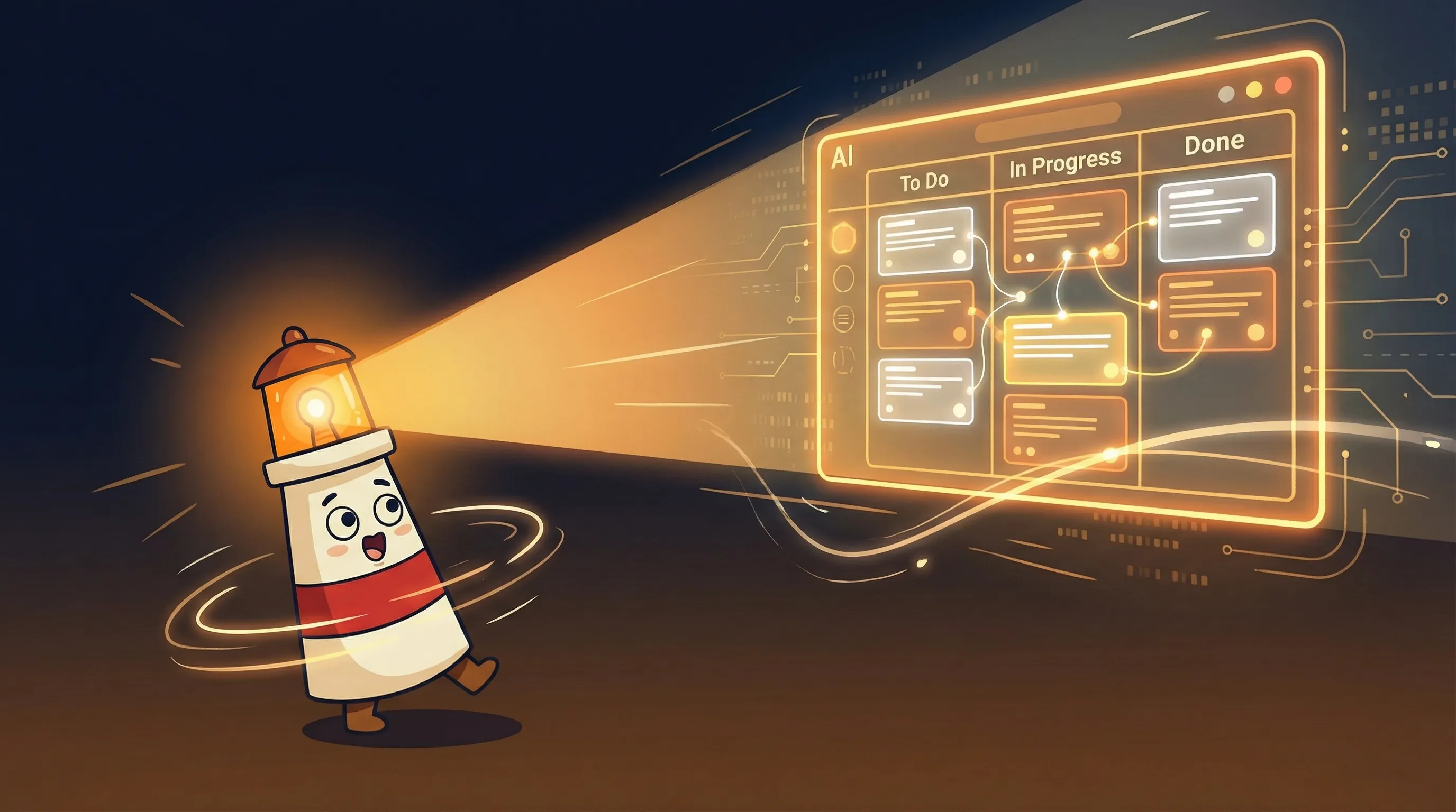 Beacon the lighthouse character shining light on a glowing AI-powered project board on dark navy background.