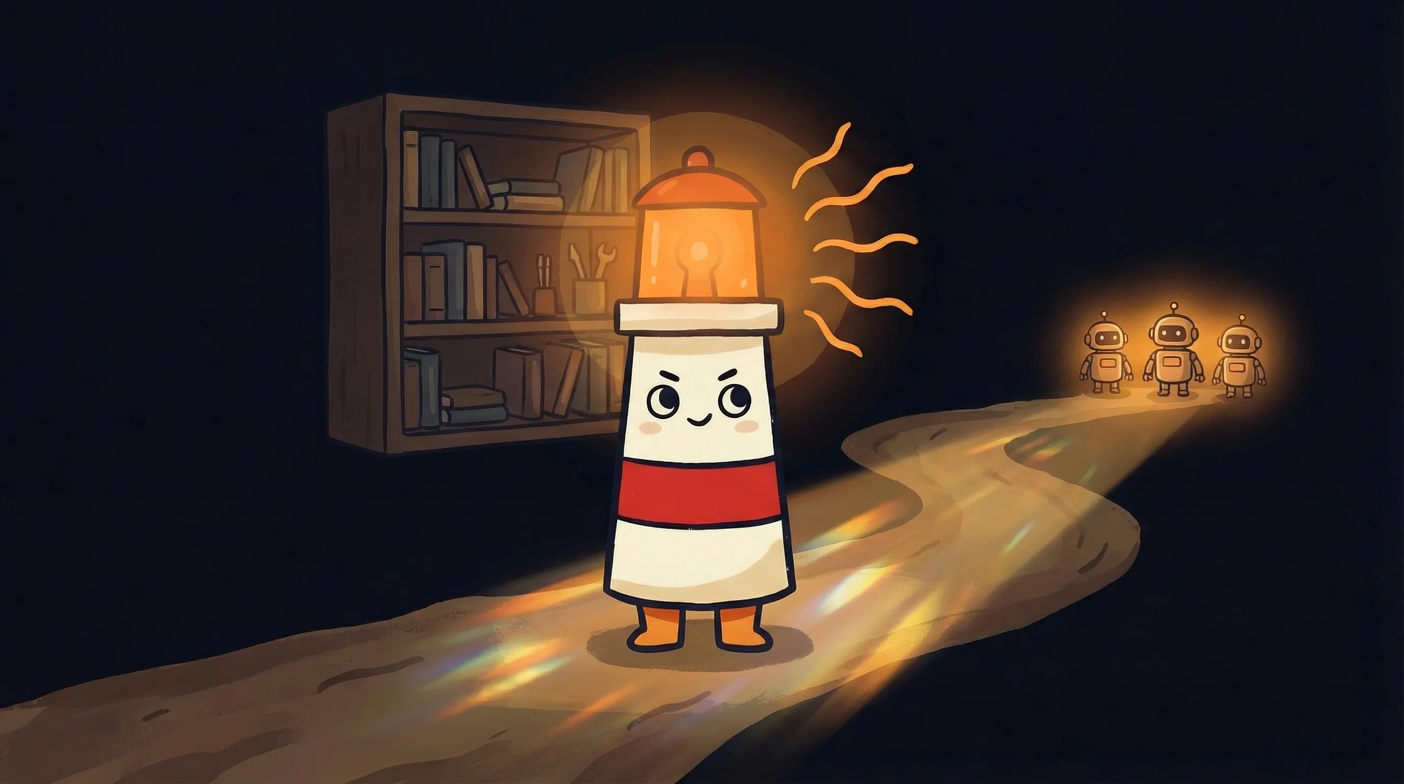 Beacon the lighthouse character shining light on three glowing screens representing multiple AI agents for work, personal,...