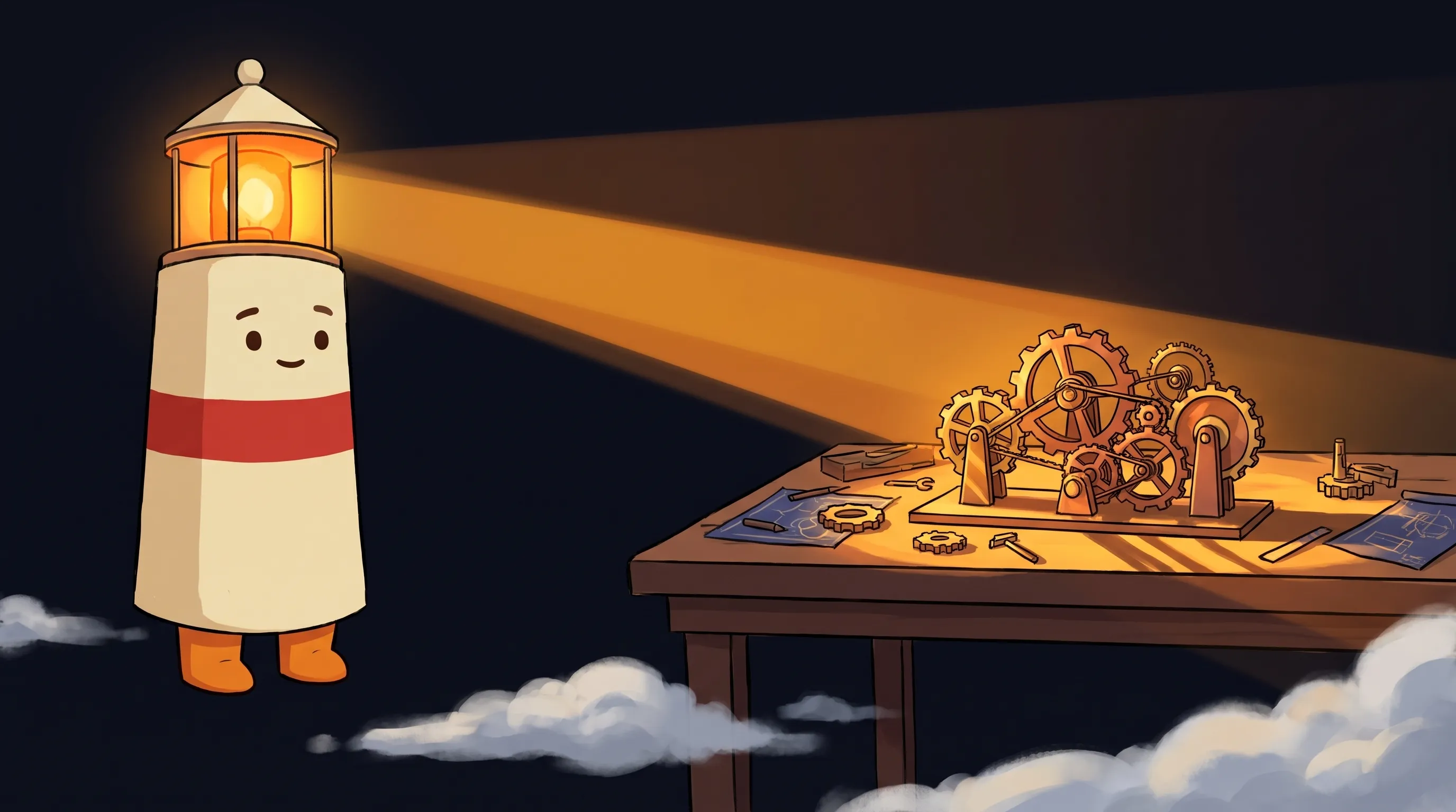 Cartoon lighthouse mascot with glowing orange lantern and red stripe shines a beam onto a workbench covered in gears and...