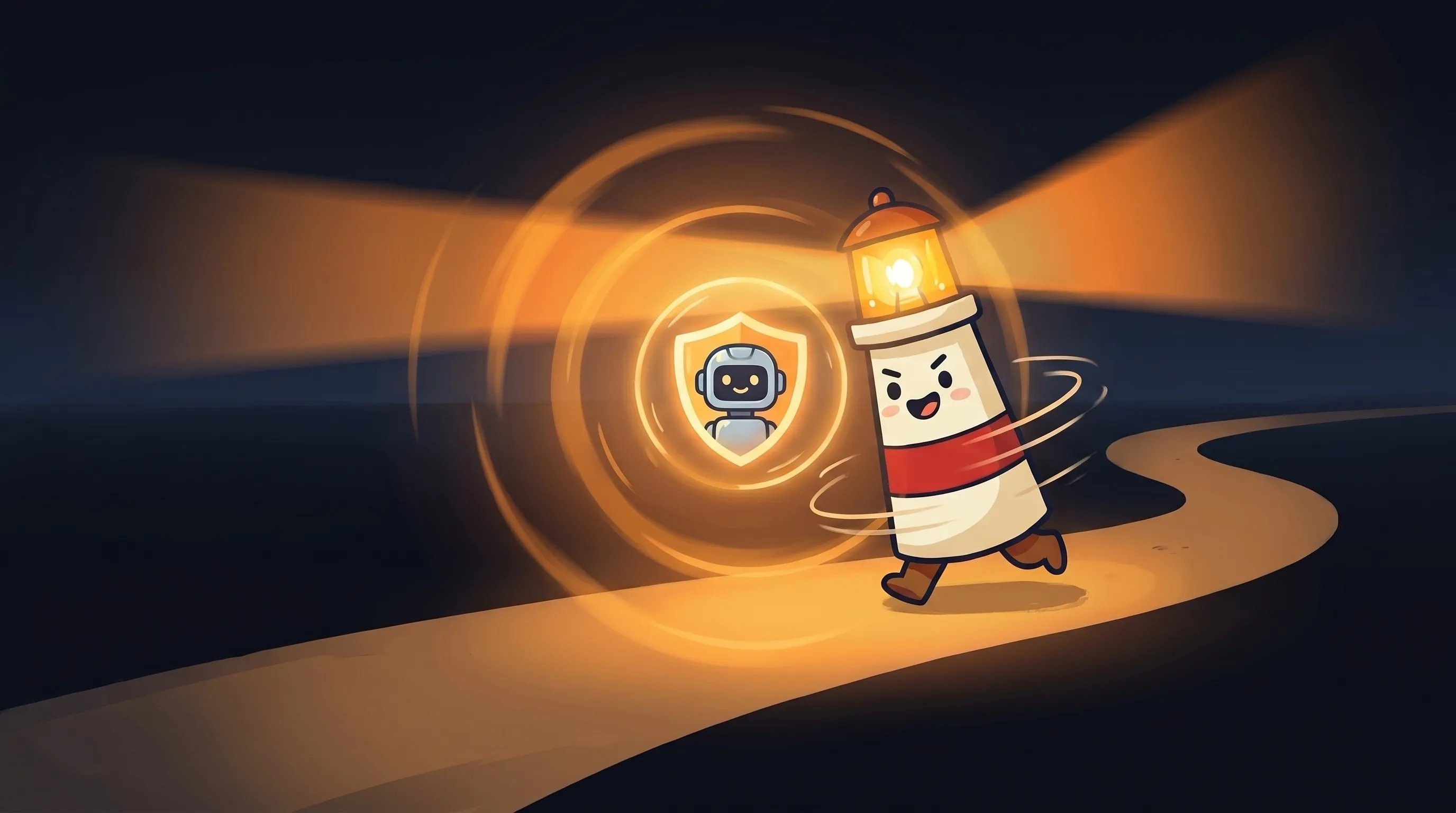 Beacon the lighthouse illuminates a glowing AI agent network, its amber light casting warm rays on interconnected nodes.