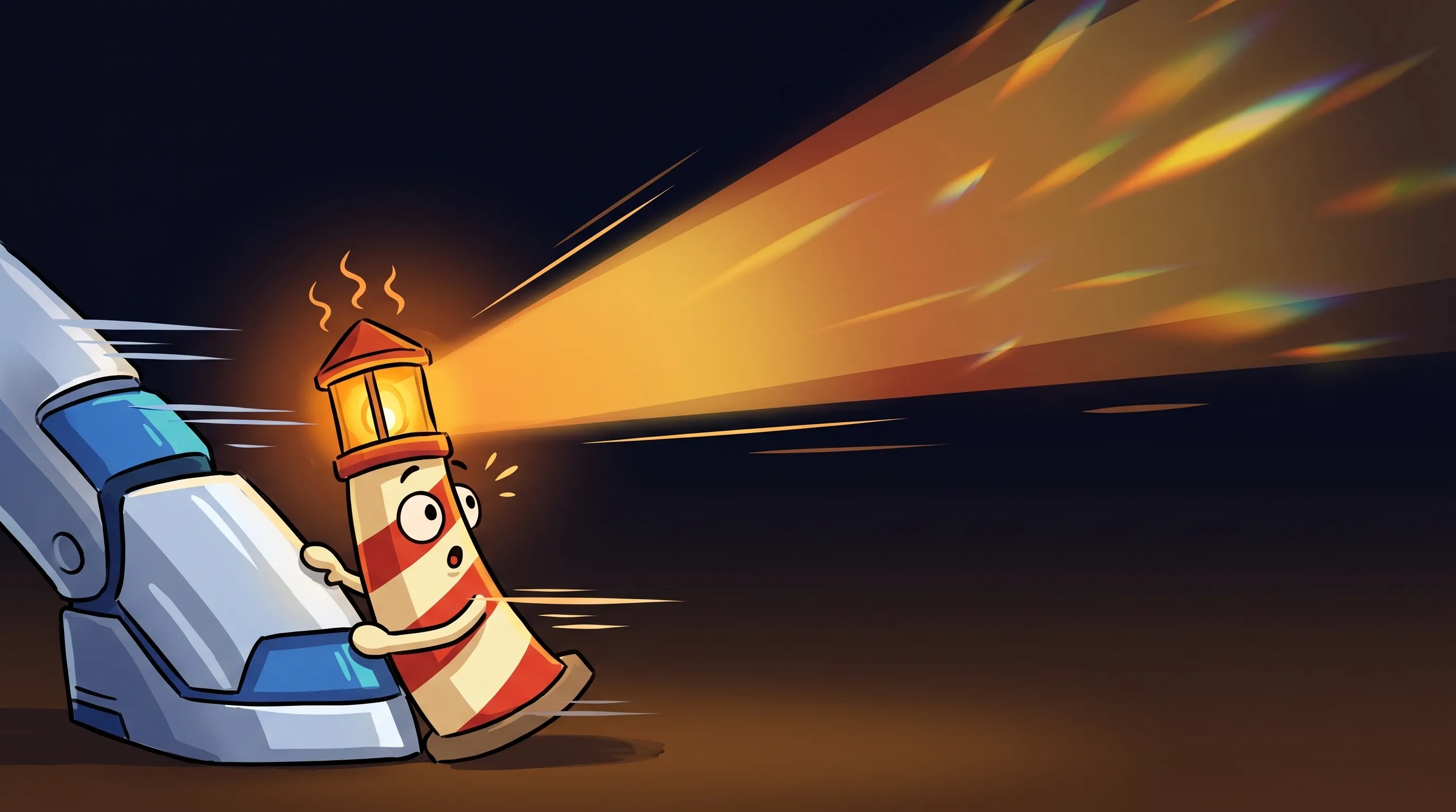 Beacon the lighthouse illuminating a glowing AI trading bot, cream body with red stripe, amber lantern shining on a roboti...