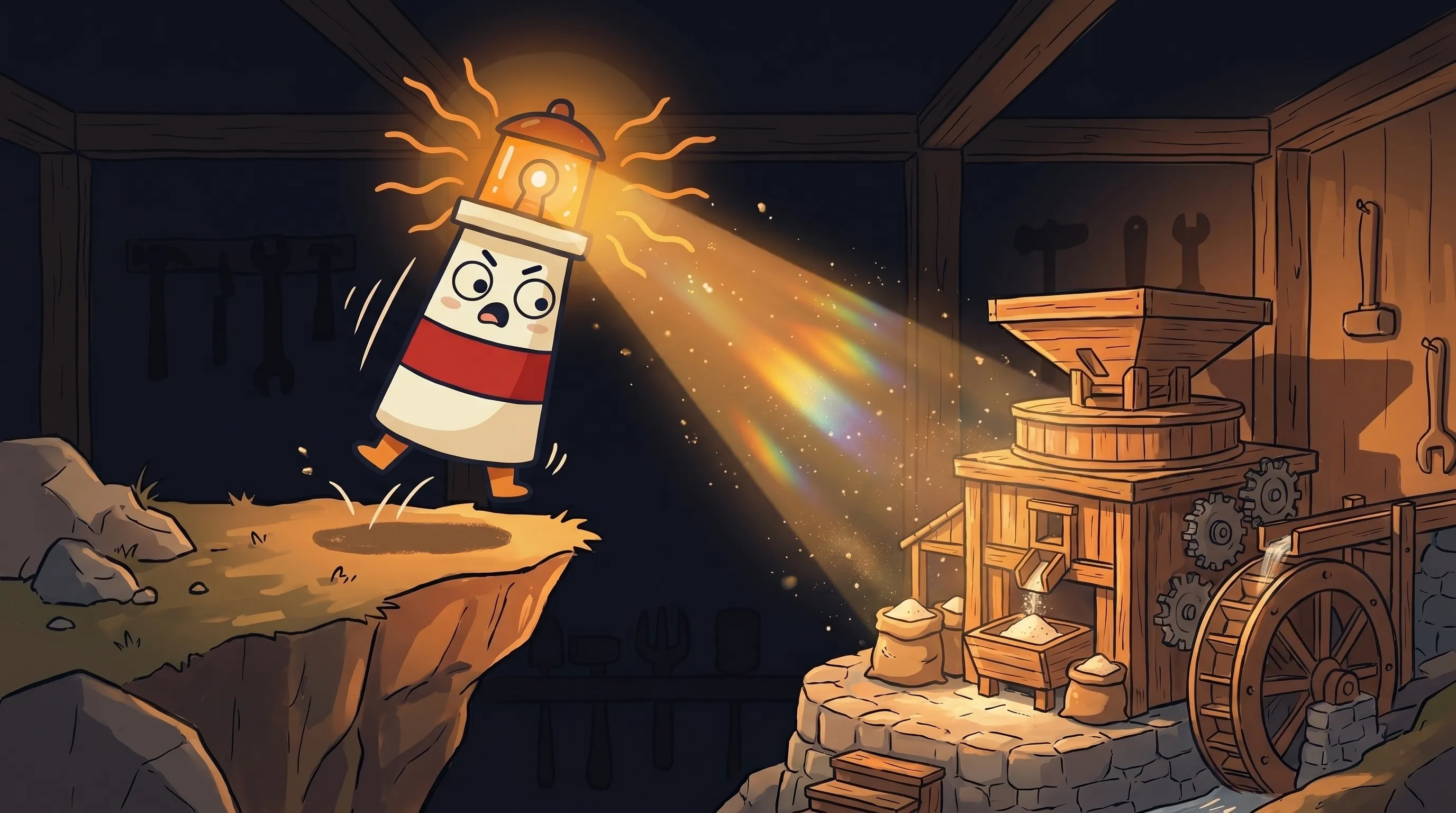 Beacon the lighthouse illuminating a grain mill, with amber glow highlighting wheat and AI circuit patterns on dark navy.