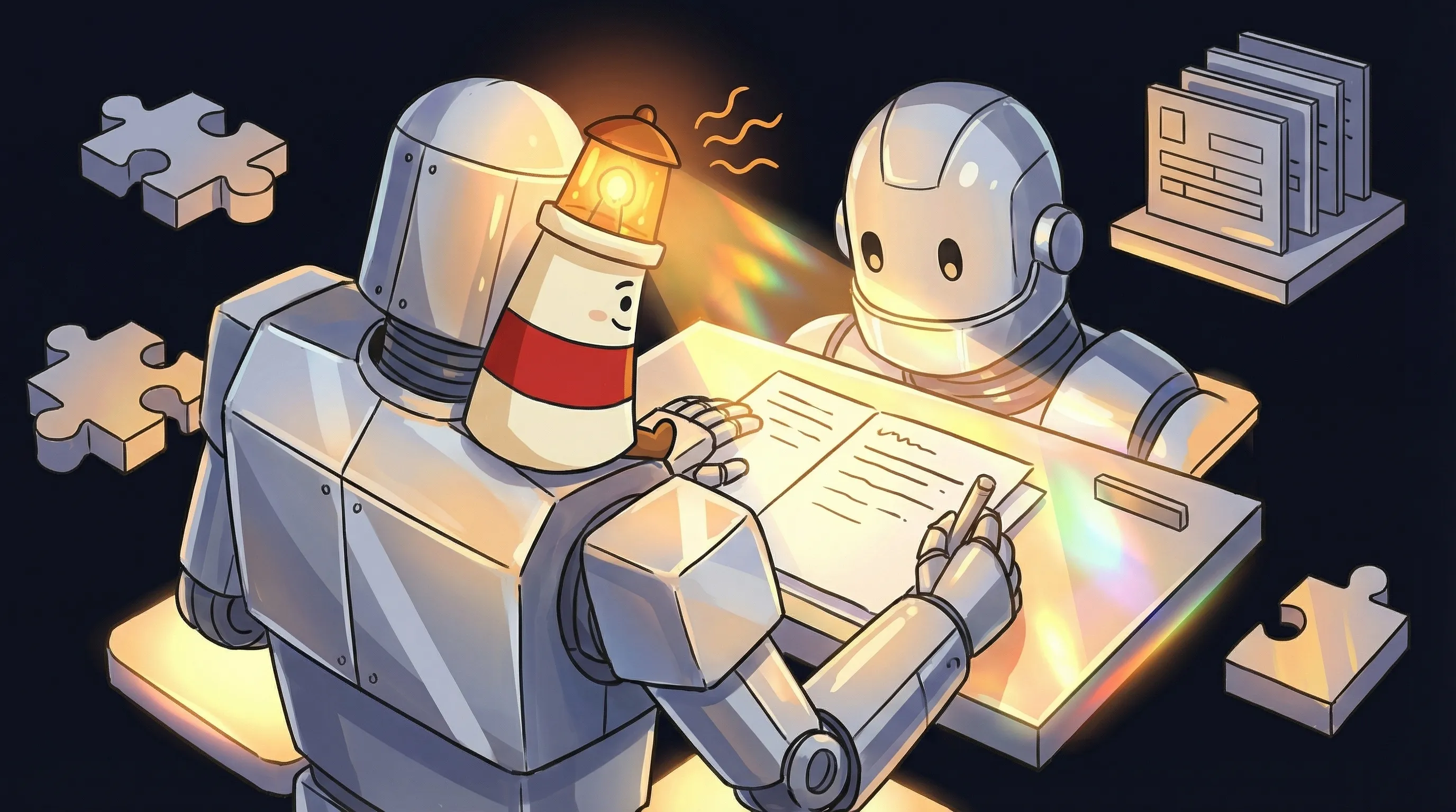 Beacon the lighthouse character shining a warm amber glow onto a laptop displaying a growing content dashboard.