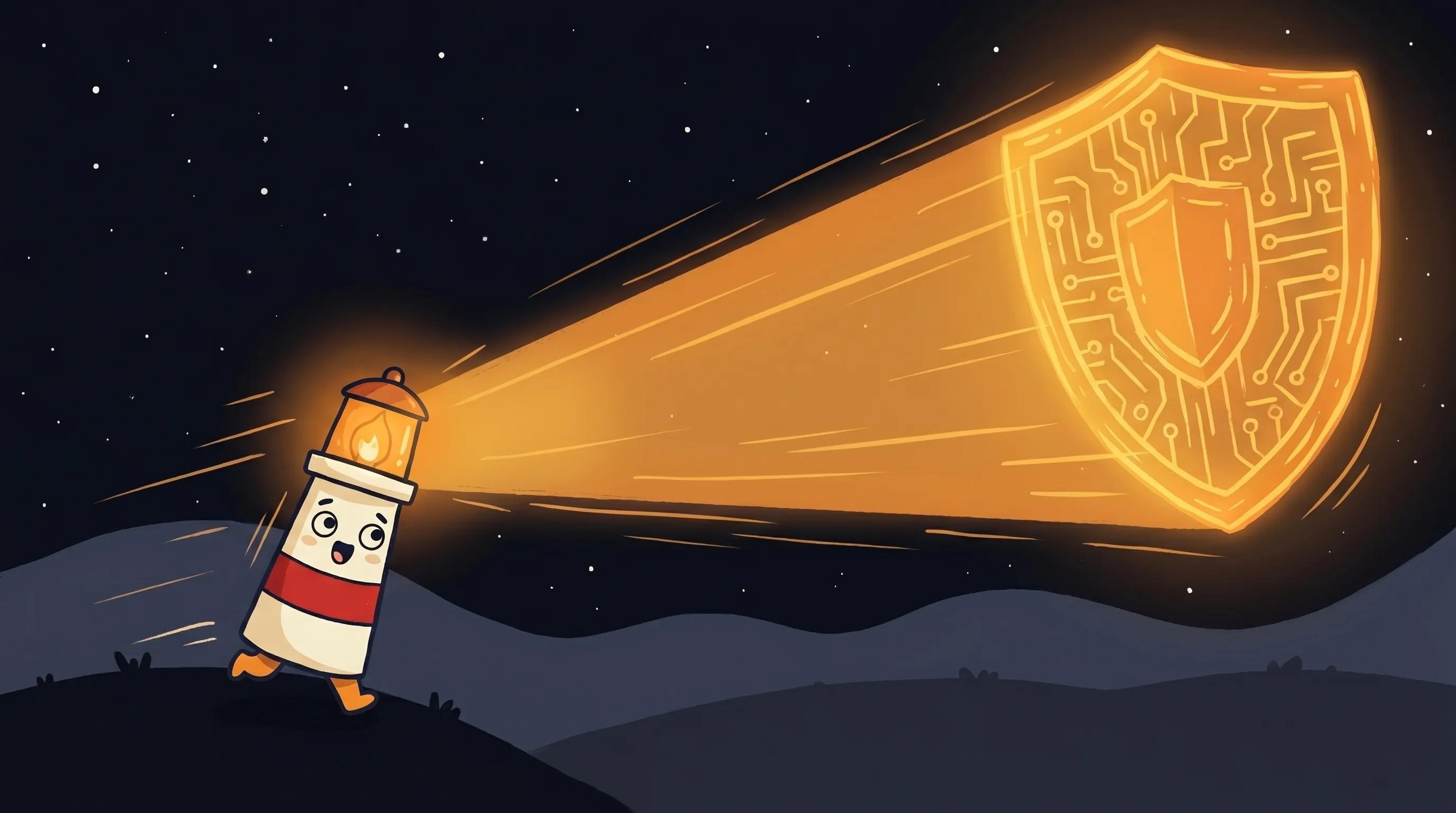 Beacon the lighthouse illuminating a glowing AI agent network, its amber light casting rays over interconnected data nodes.