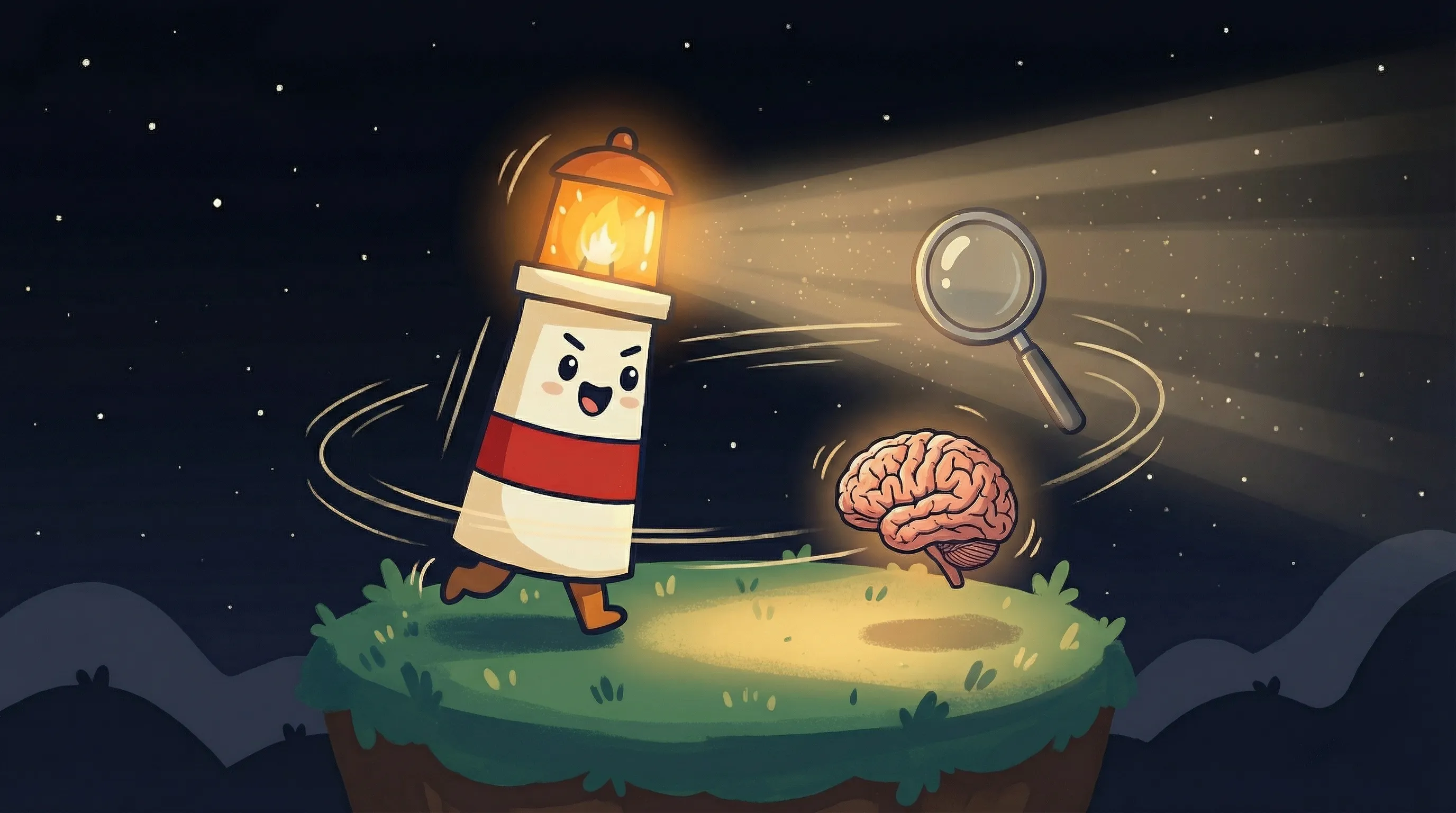 Beacon the lighthouse illuminating a glowing brain, representing AI memory search through semantic knowledge retrieval.