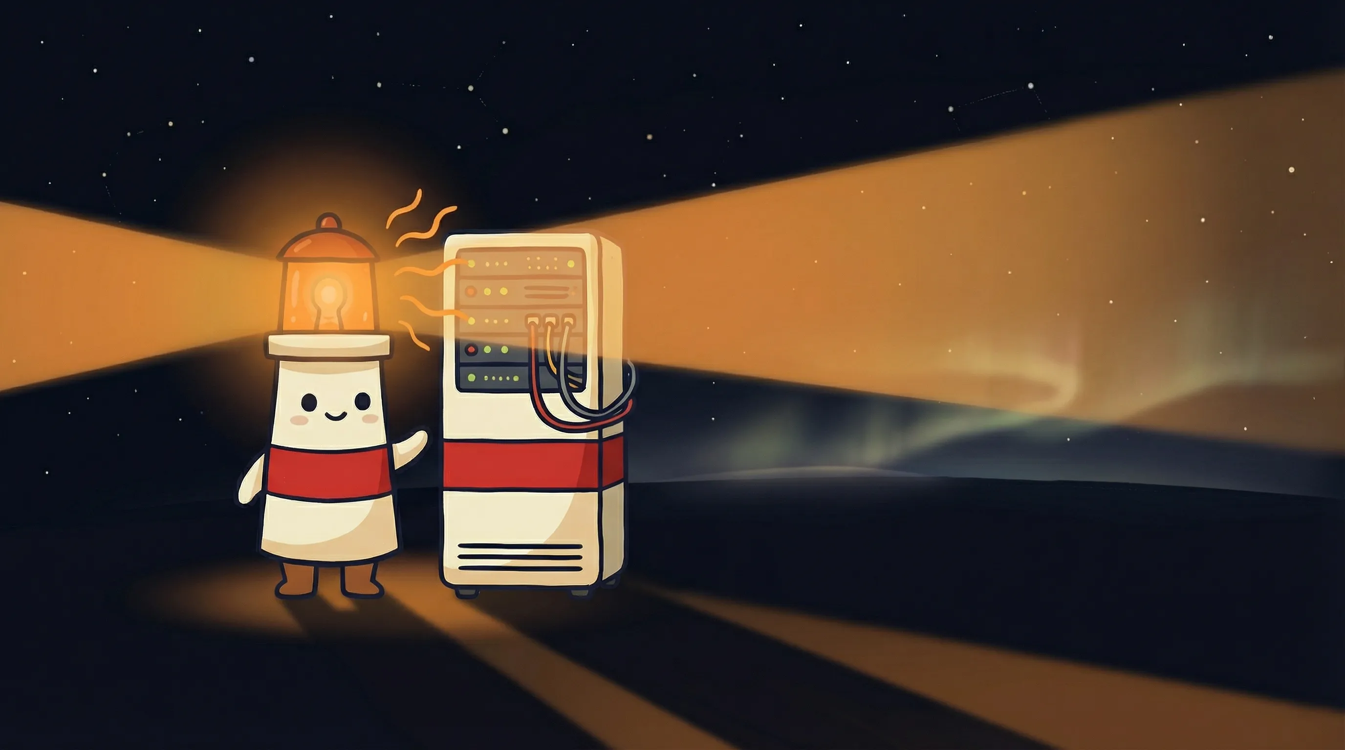 Beacon the lighthouse character shining light on a home server, illustrating AI server monitoring setup.