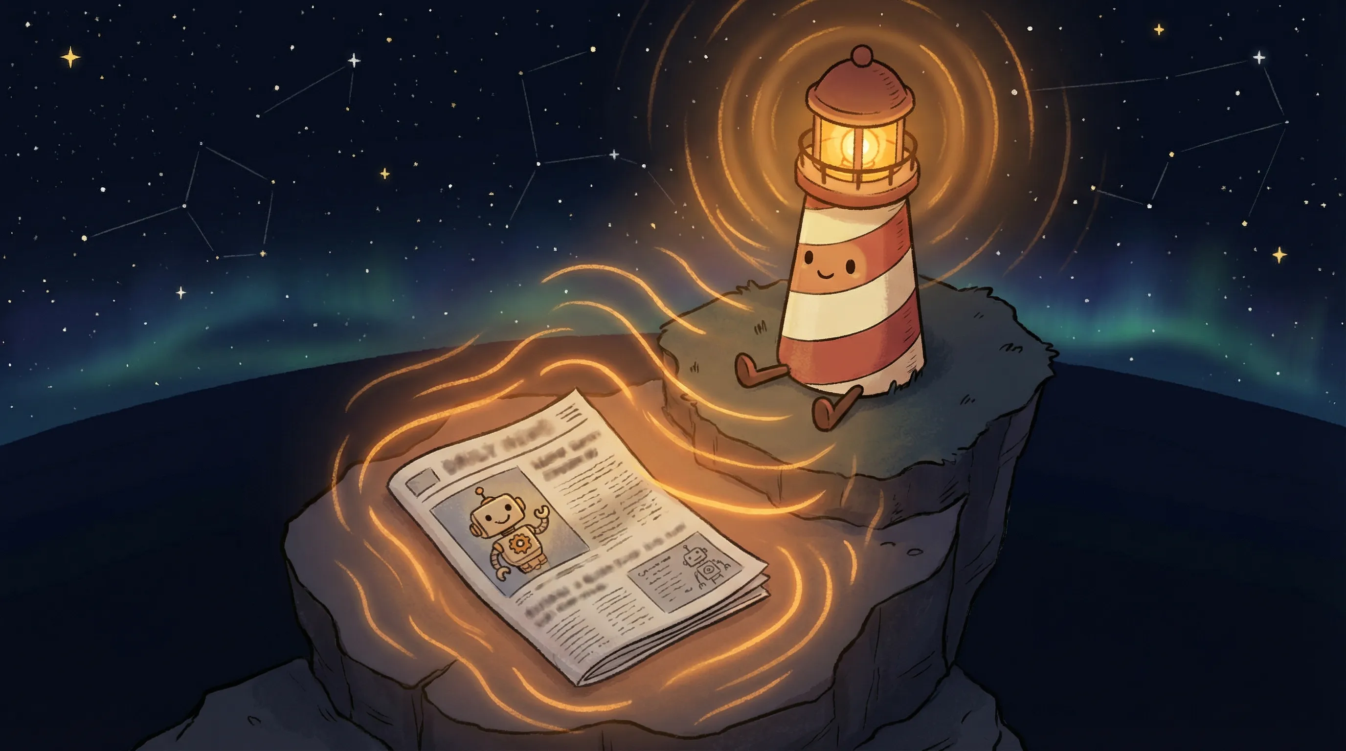 Beacon the lighthouse illuminating a glowing Reddit feed scroll, with amber light beaming down on a tiny phone screen.