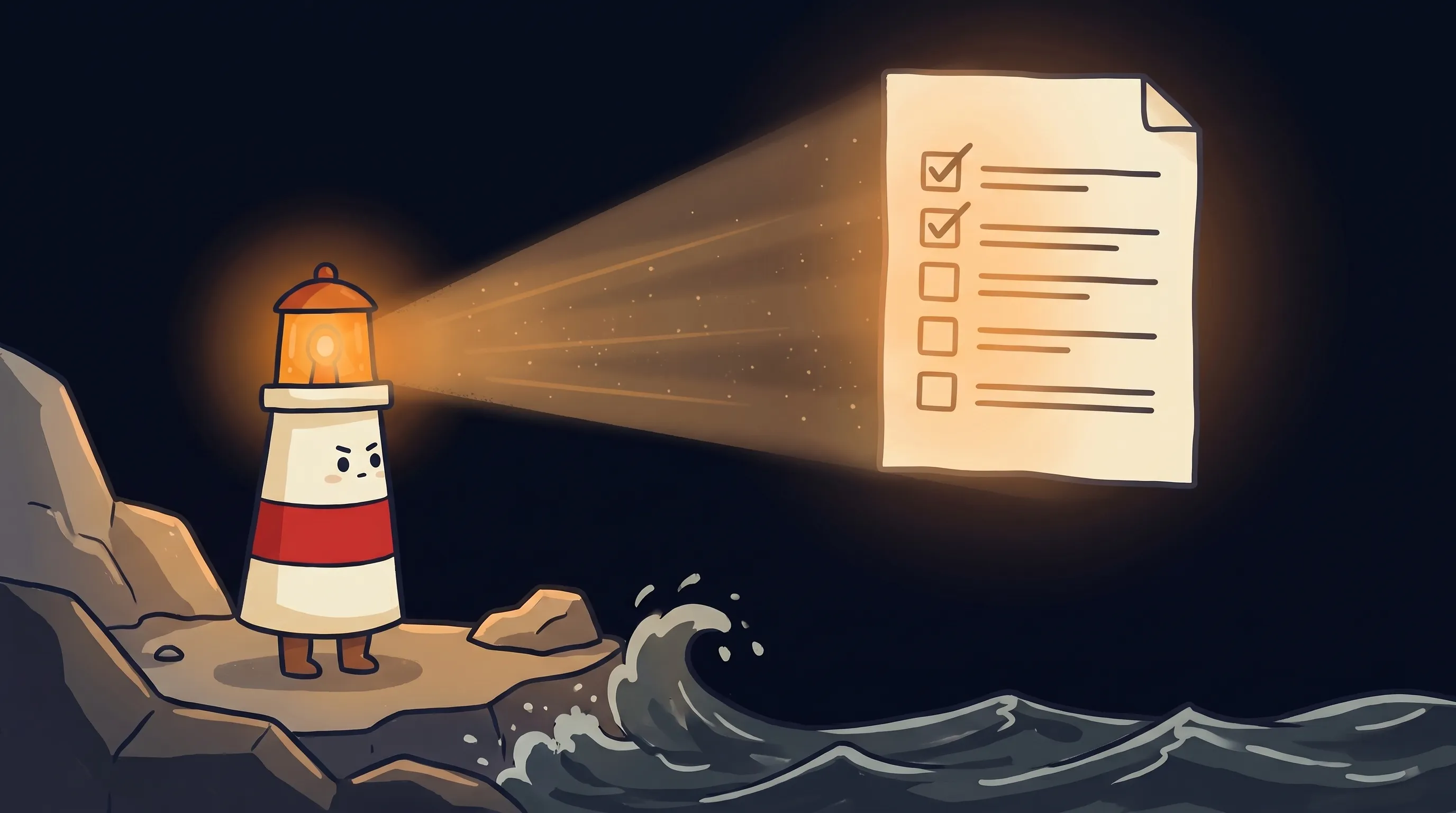 Beacon the lighthouse character shining amber light onto a small business checklist with a magnifying glass on dark navy b...