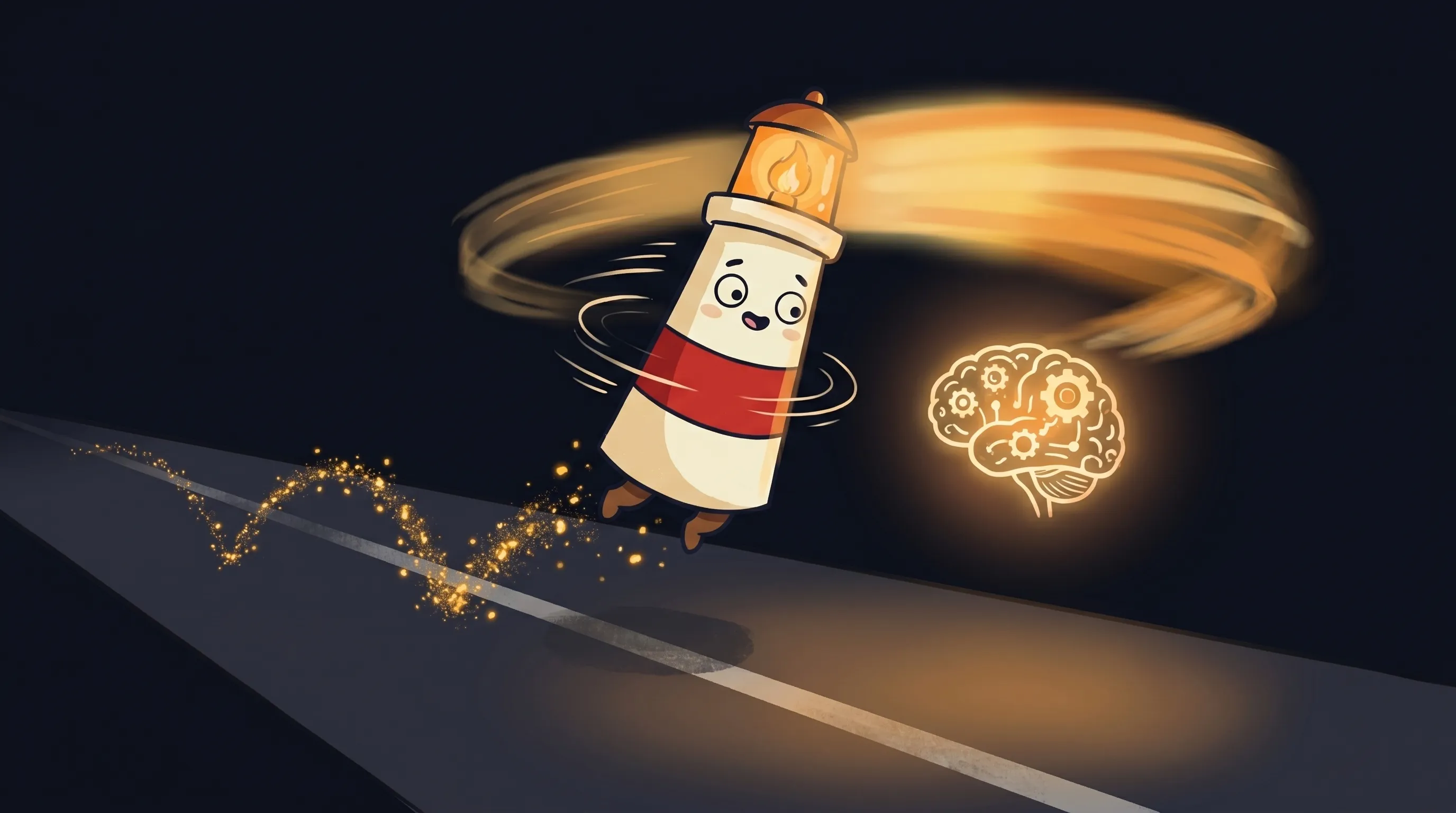 Beacon the lighthouse illuminating a glowing AI sound wave interface, cream body with red stripe on navy background.