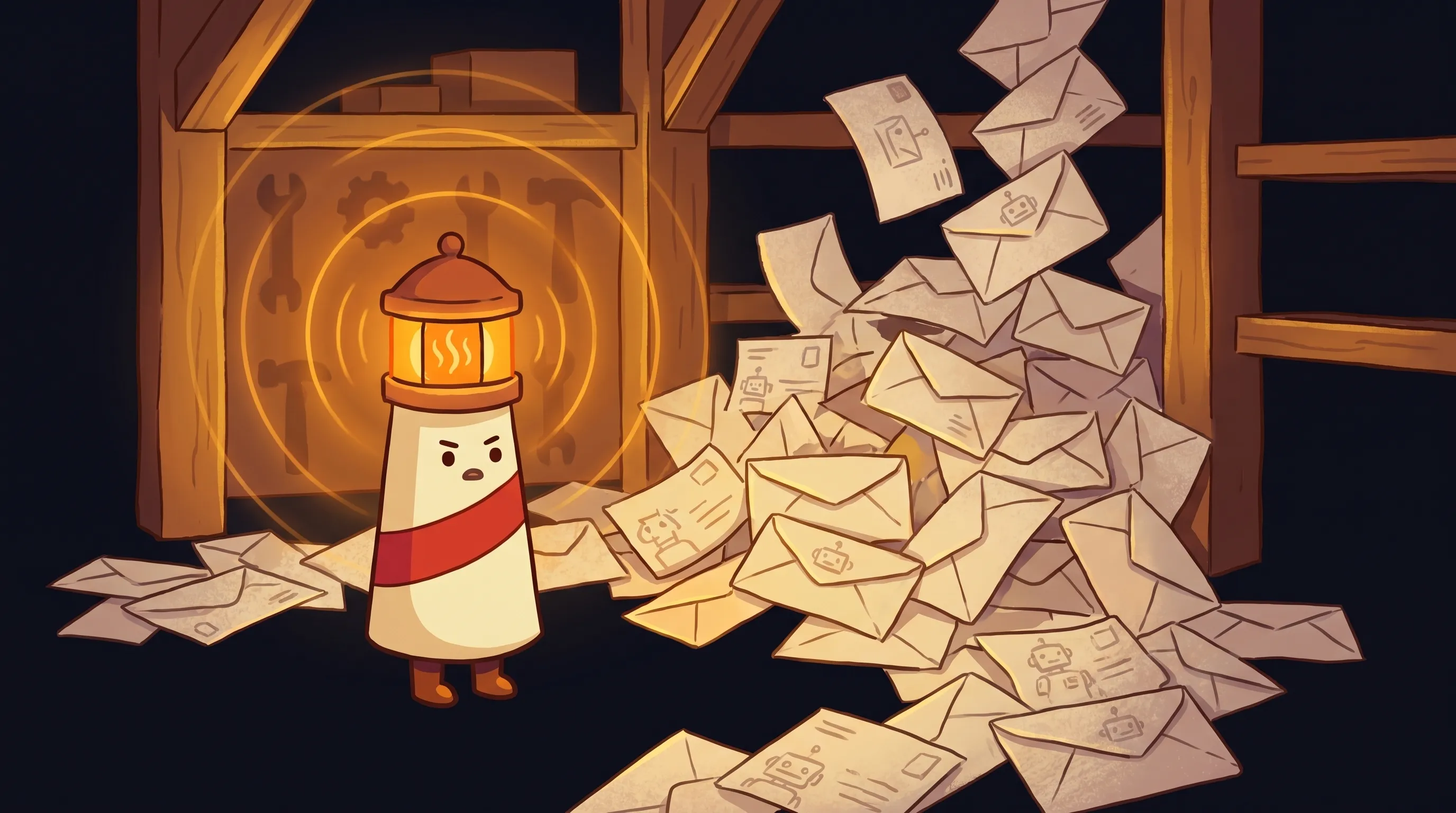 Beacon the lighthouse illuminating a follow-up email on a dark navy background, glowing amber light overhead.