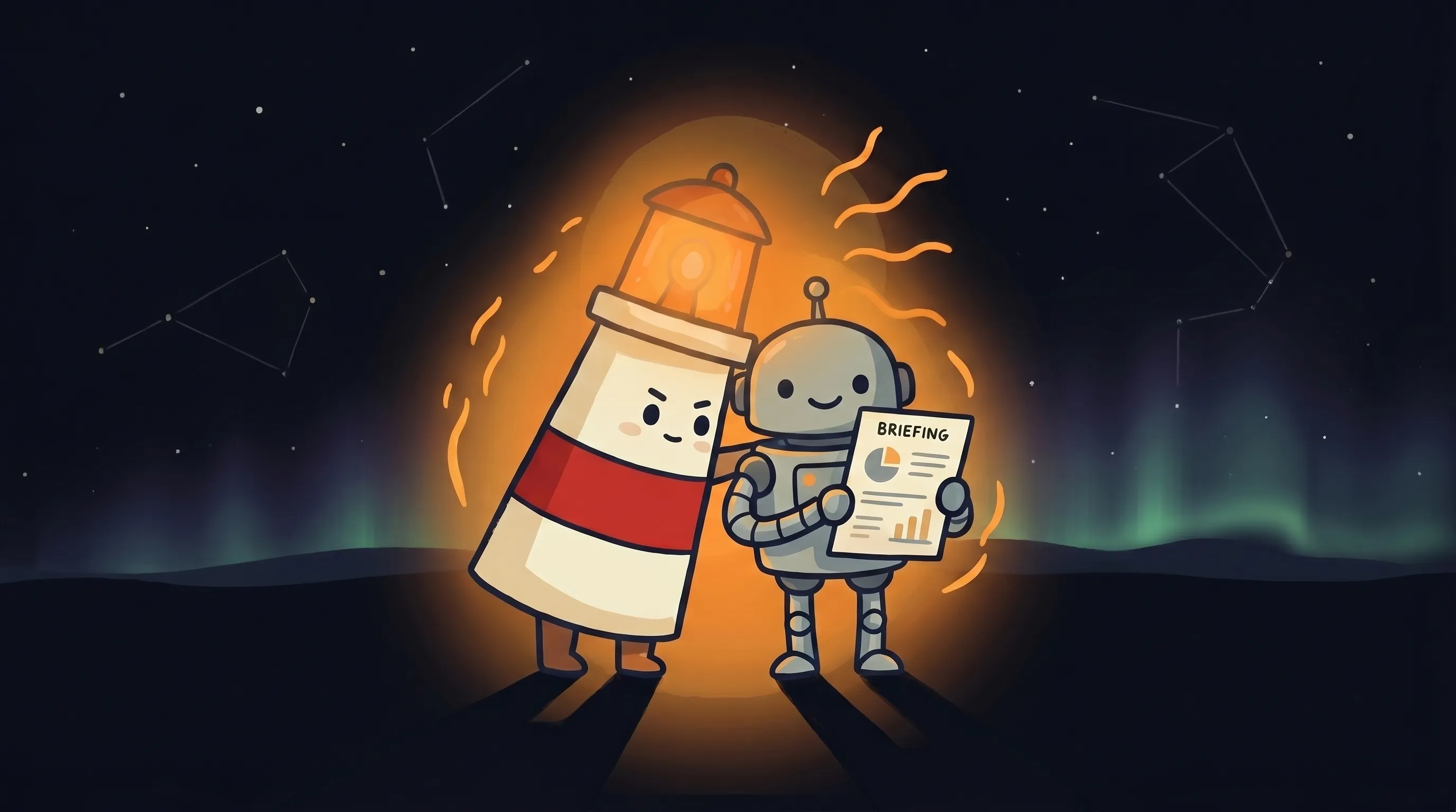 Beacon the lighthouse illuminates a glowing chat interface, symbolizing AI tools helping a small business owner work smarter.