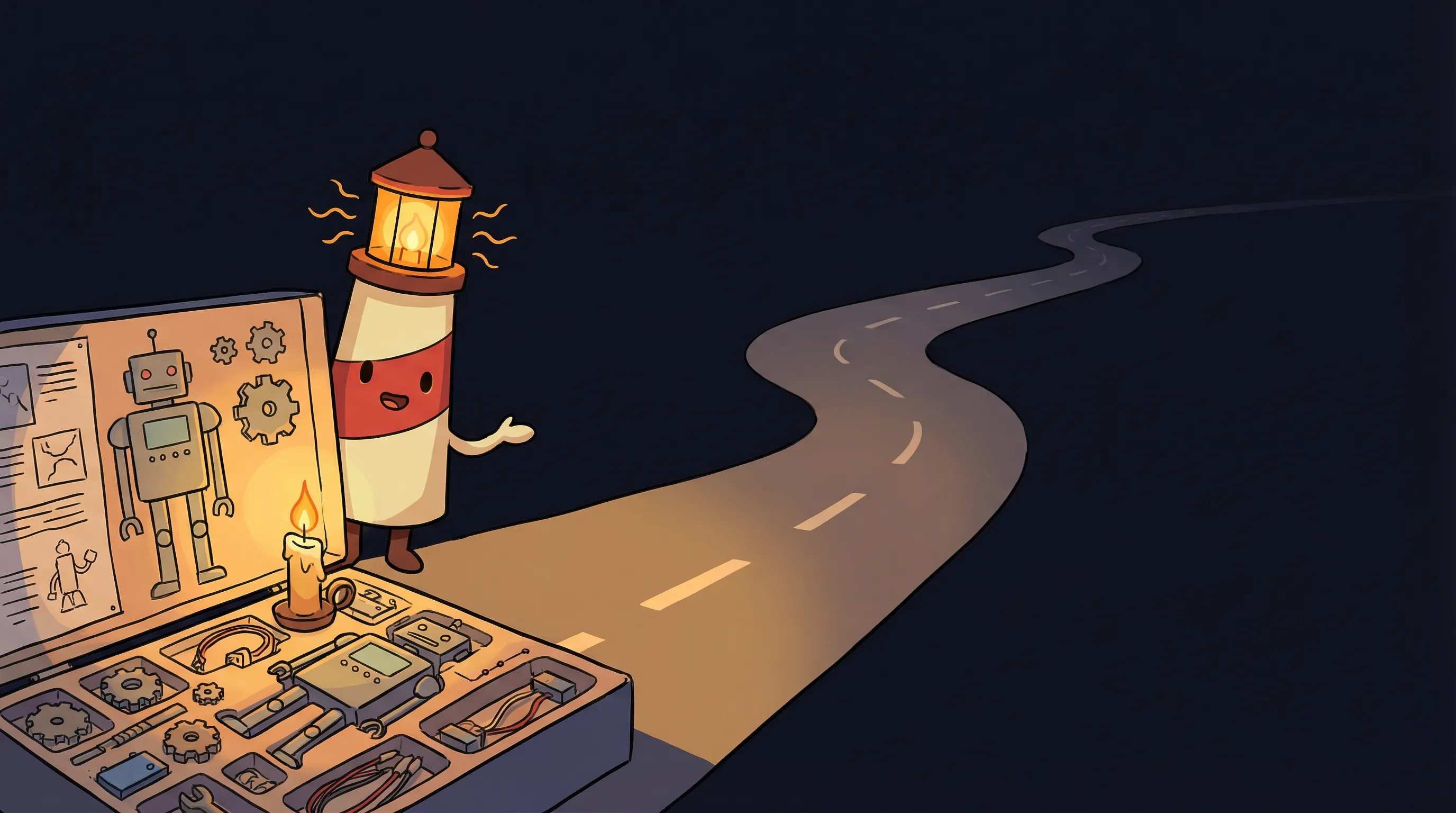 Beacon the lighthouse illuminating a small robot, symbolizing AI agent creation on a dark navy background.