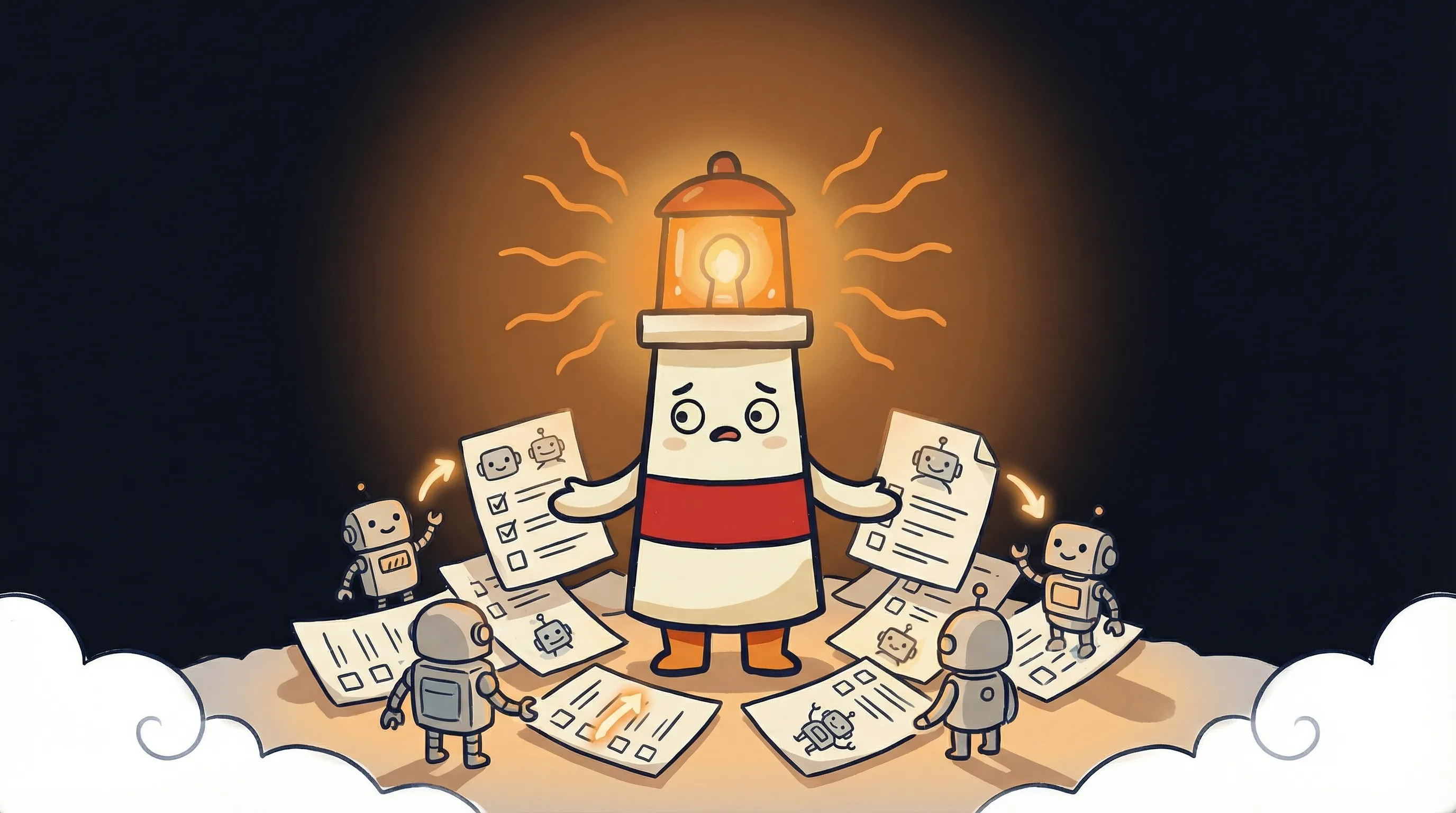 Beacon the lighthouse character shining its amber light onto a Todoist task list on a dark navy background.
