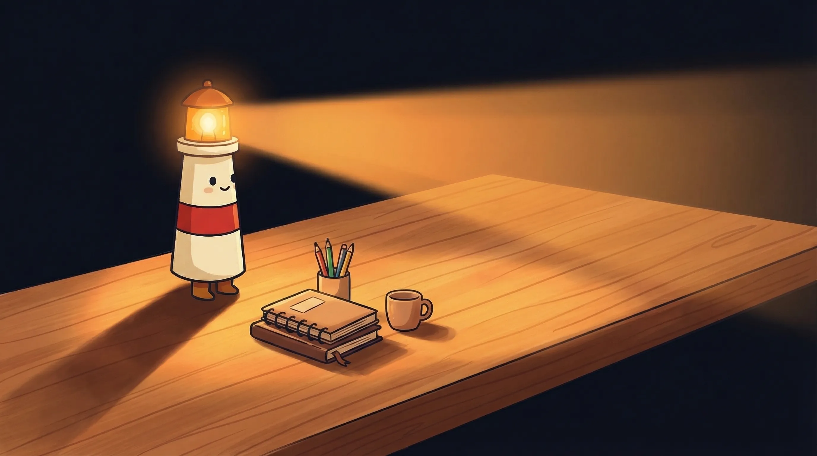 Beacon the lighthouse character shining its amber light on a chat bubble, symbolizing seamless agent chat without switchin...
