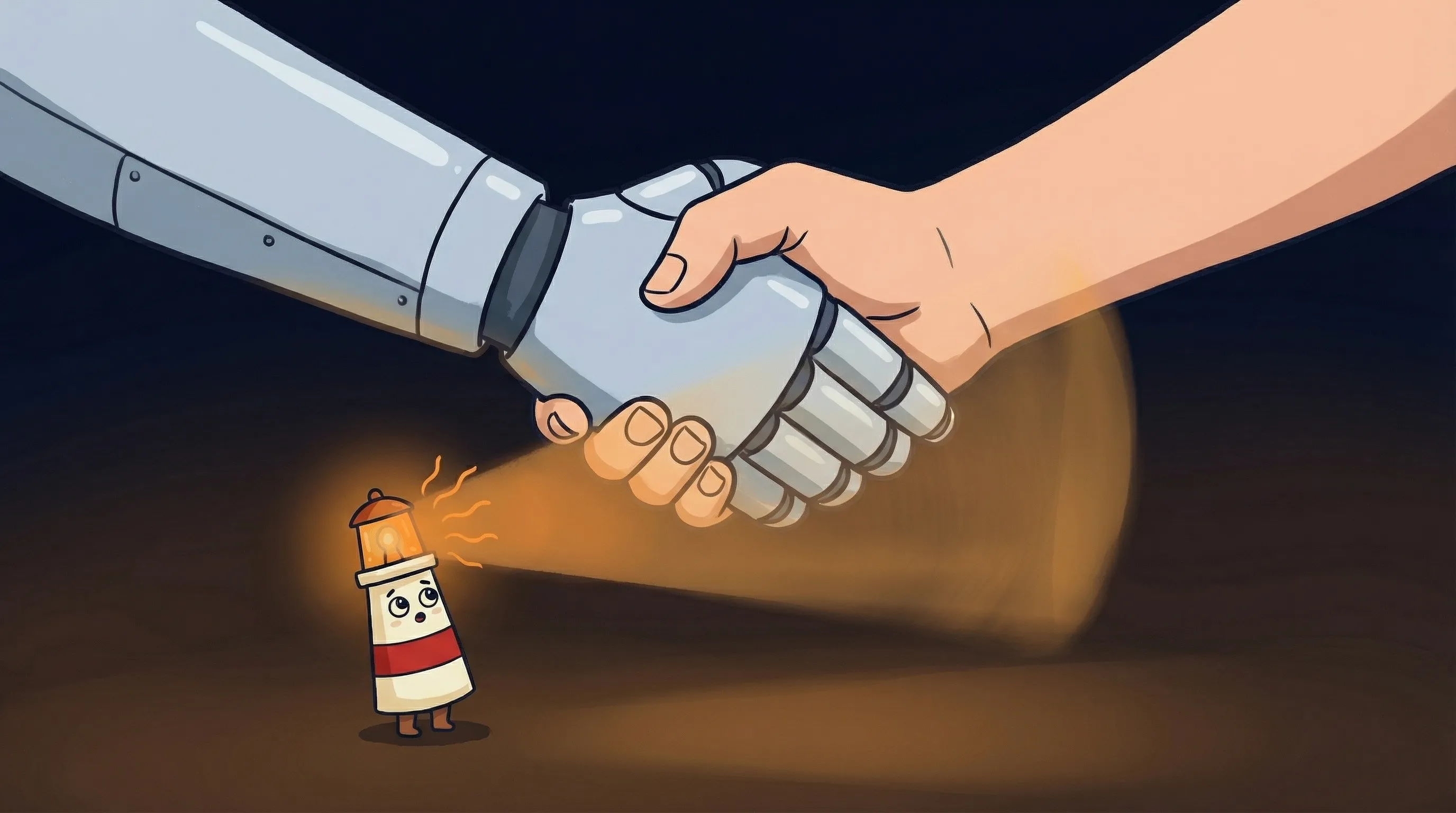Beacon the lighthouse illuminating a glowing AI chip, symbolizing how artificial intelligence helps freelancers scale cont...
