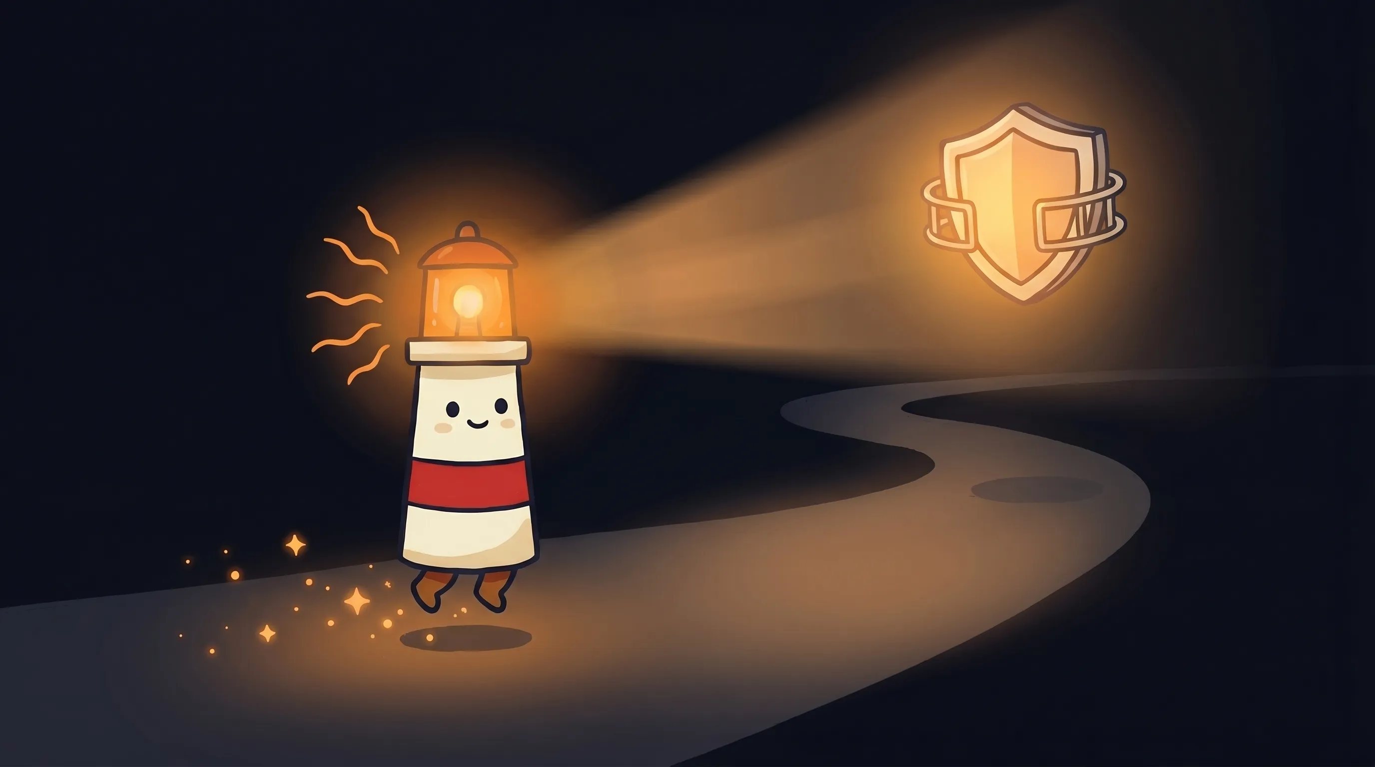 Beacon the lighthouse illuminating a clipboard with AI safety checkboxes, glowing amber light highlighting governance rules.