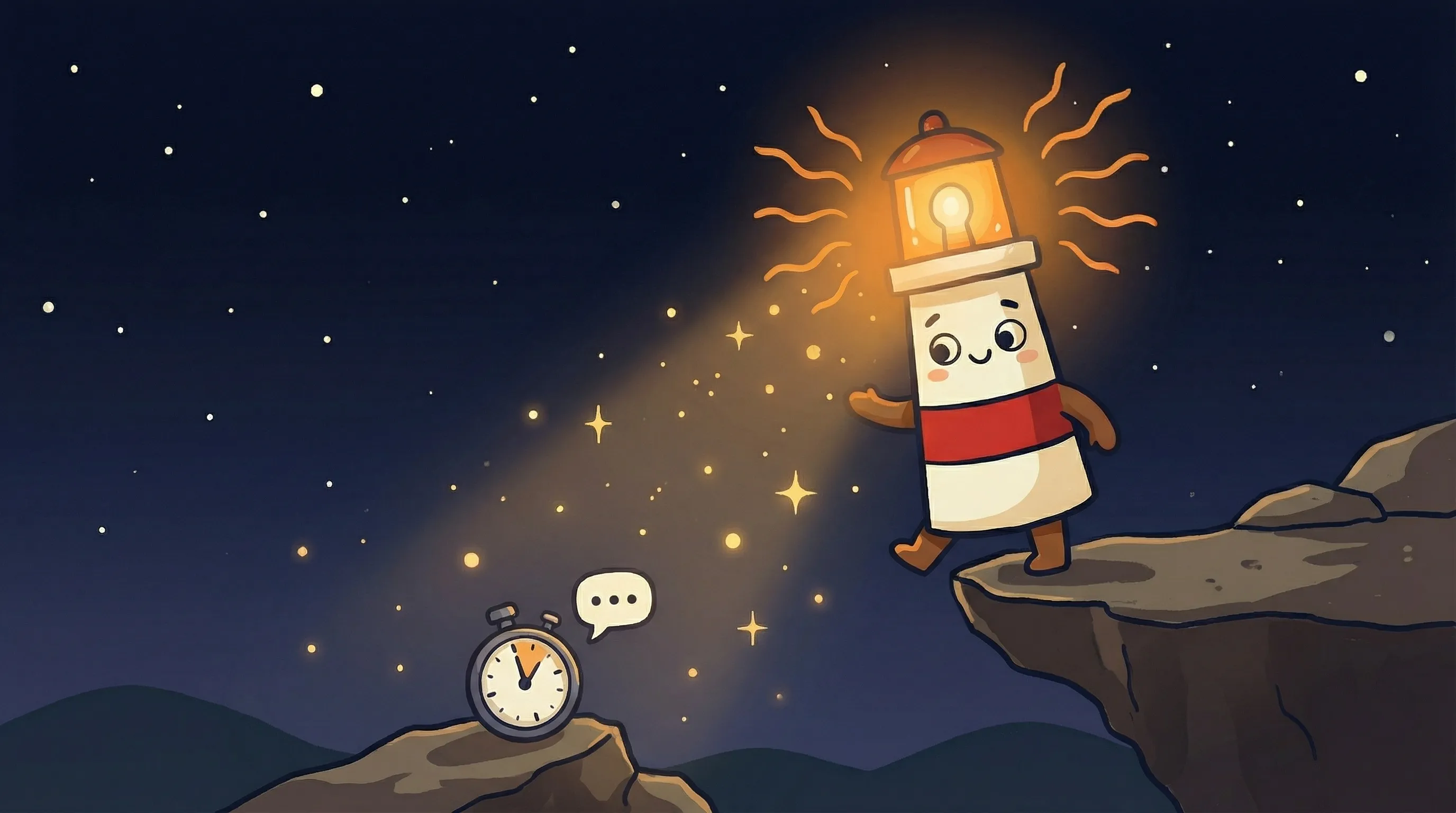 Beacon the lighthouse illuminating a chat bubble with lightning bolt, symbolizing instant AI responses to sales leads.