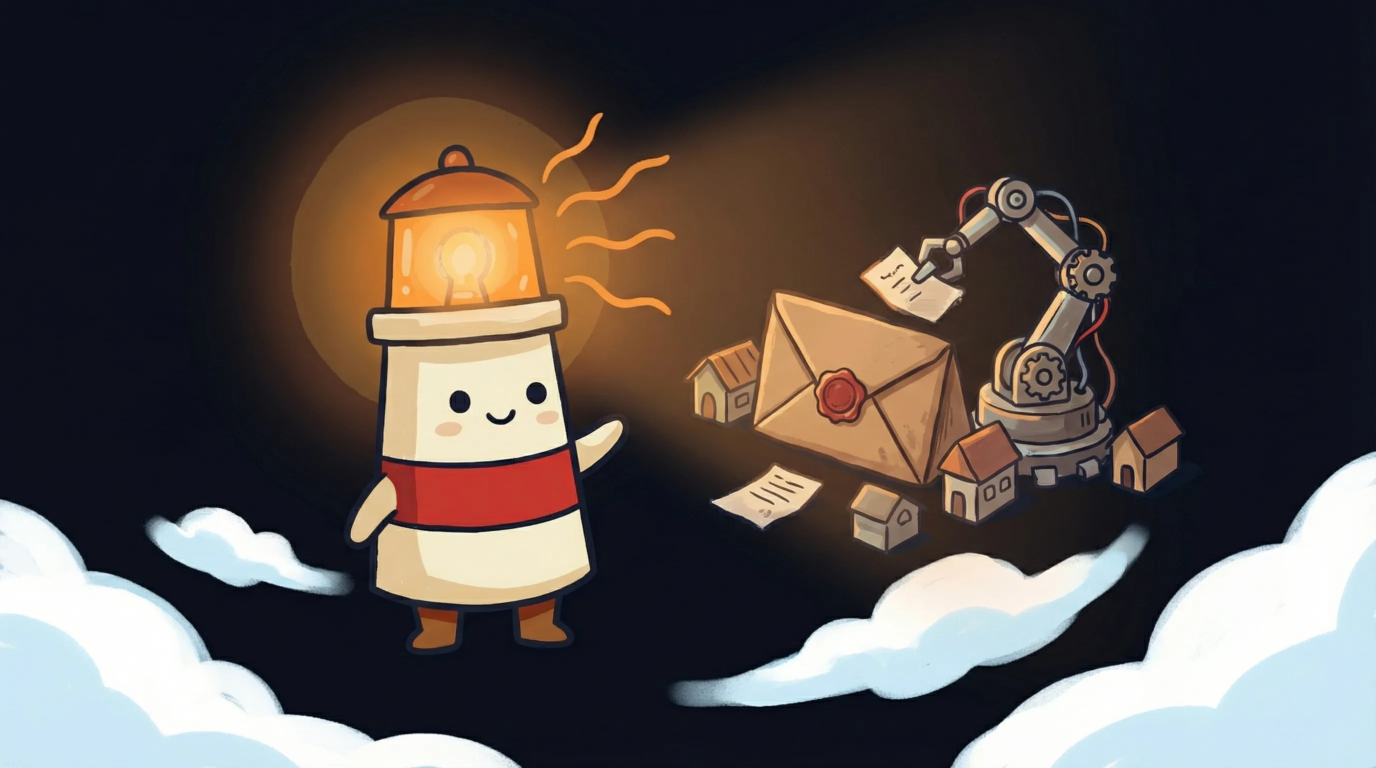Beacon the lighthouse illuminating an email inbox with its amber glow on a dark navy background.