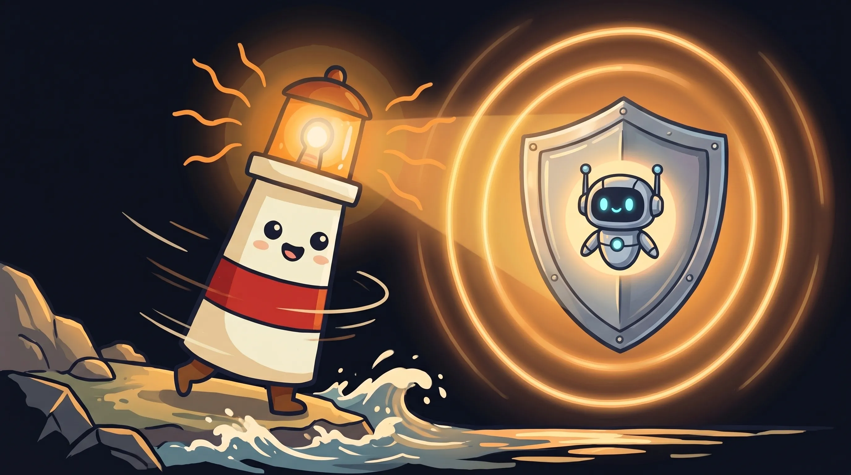 Beacon the lighthouse illuminating a shield with an AI circuit pattern, symbolising agentic AI defence on Google Cloud.