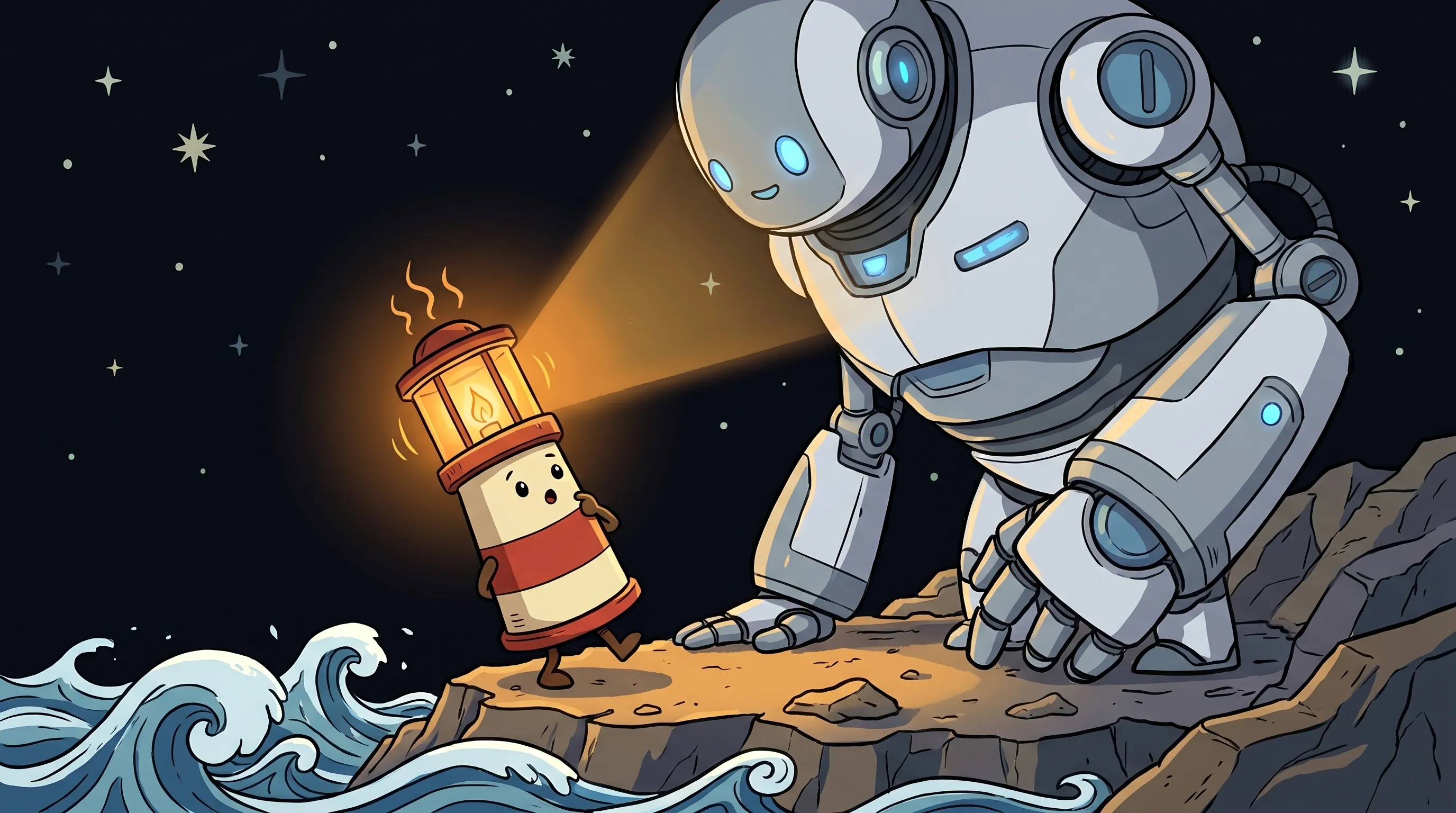 Beacon the lighthouse illuminating a tiny robot assistant, cream body with red stripe, amber glow, on dark navy background.