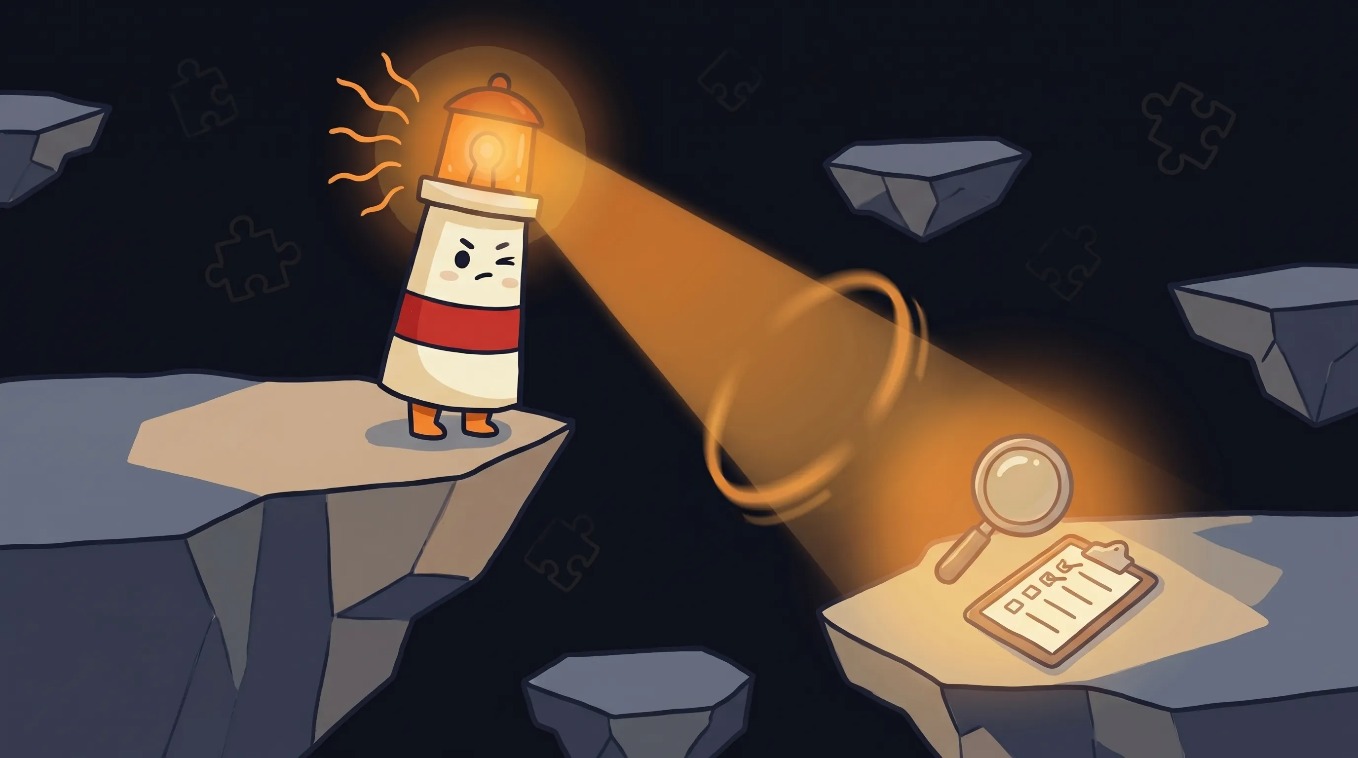 Beacon the lighthouse illuminating a small business laptop, glowing amber light casting a warm glow, flat 2D illustration.