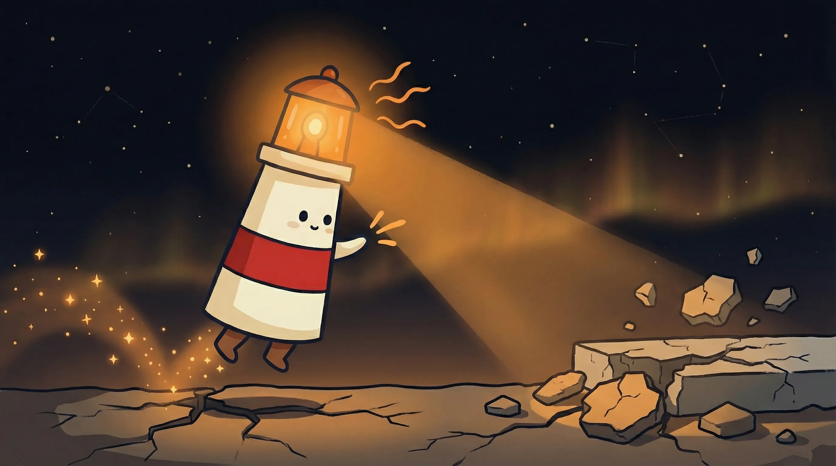 Beacon the lighthouse illuminating a cracked foundation, representing failed AI projects on dark navy background.