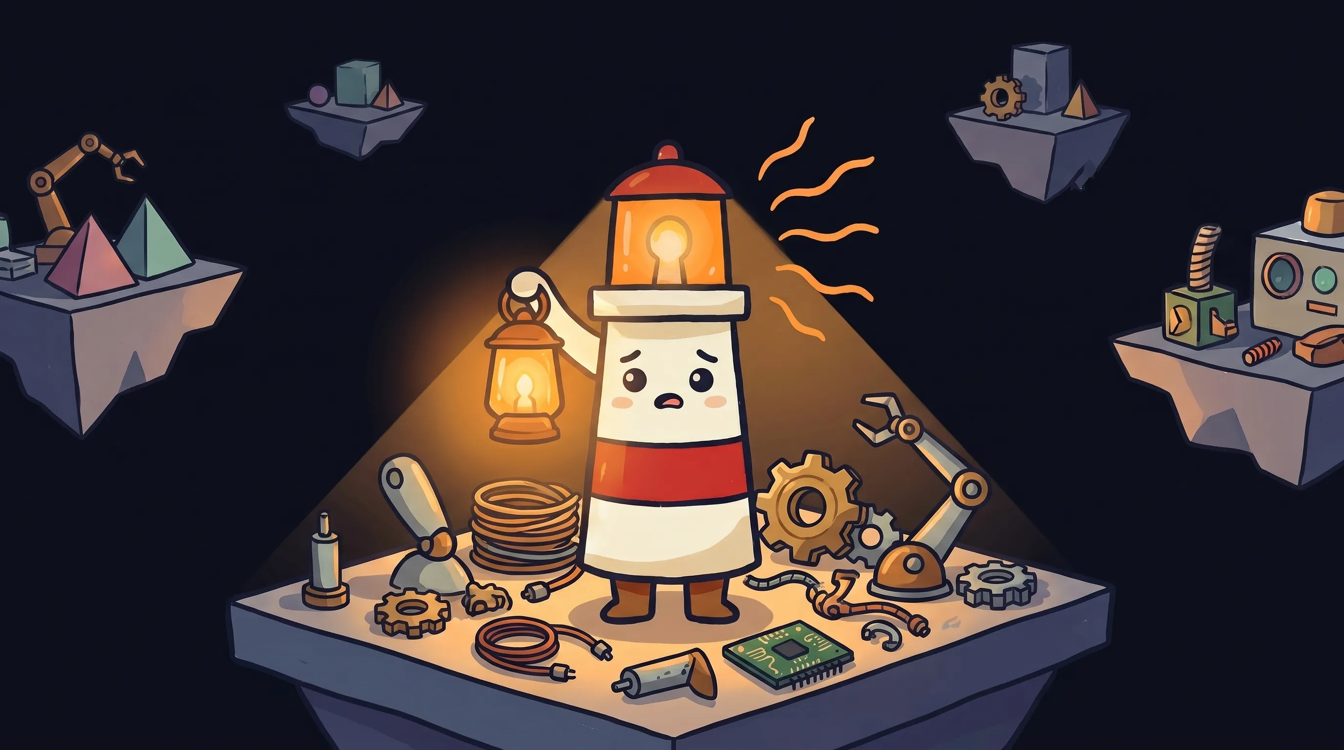 Beacon the lighthouse illuminating a small robot assistant, glowing amber light casting warm rays on a dark navy background.